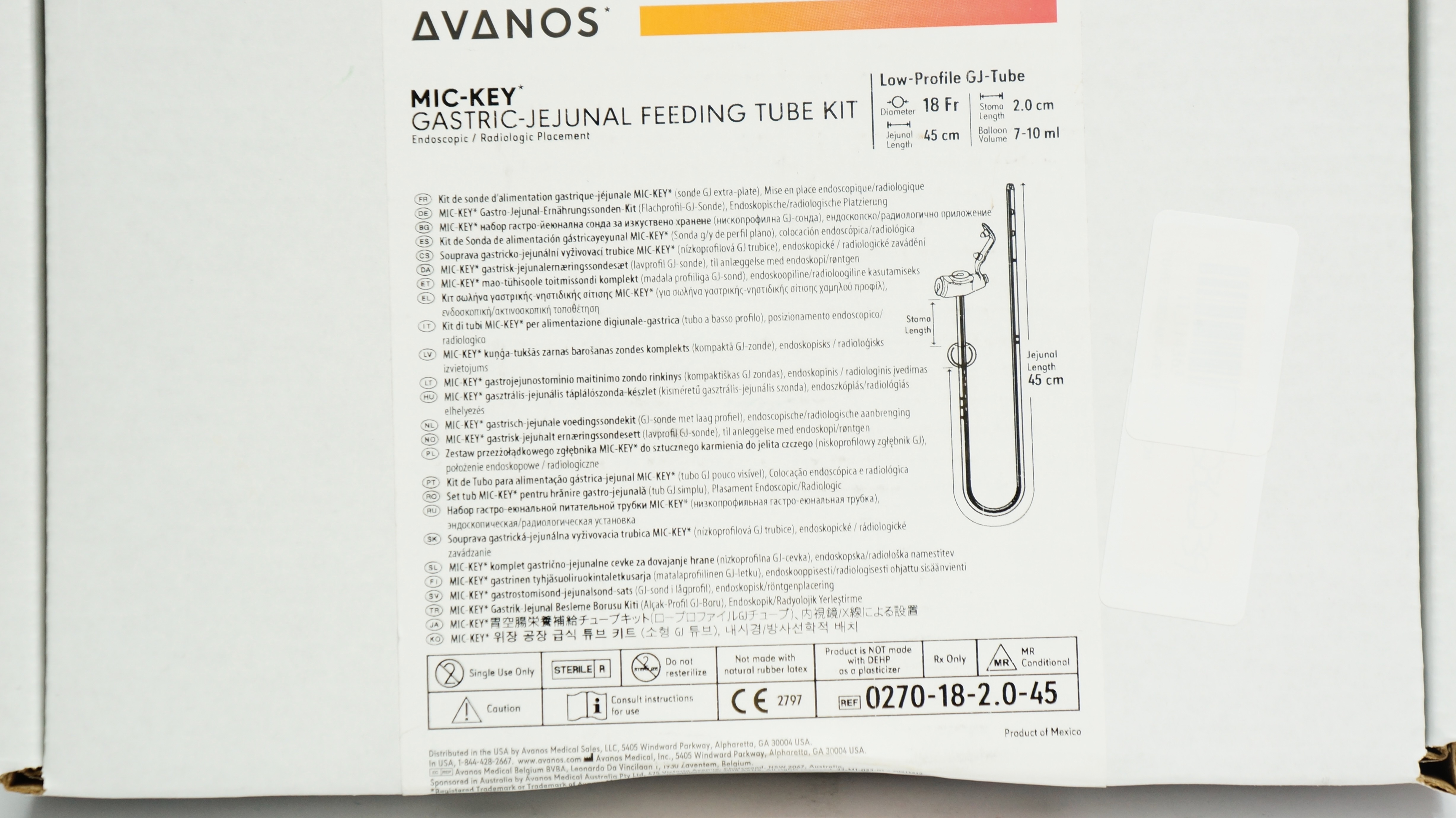 Avanos 0270-18-2.0-45 MIC-KEY Gastric-Jejunal Feeding Tube Kit 18Fr x 45cm (x)