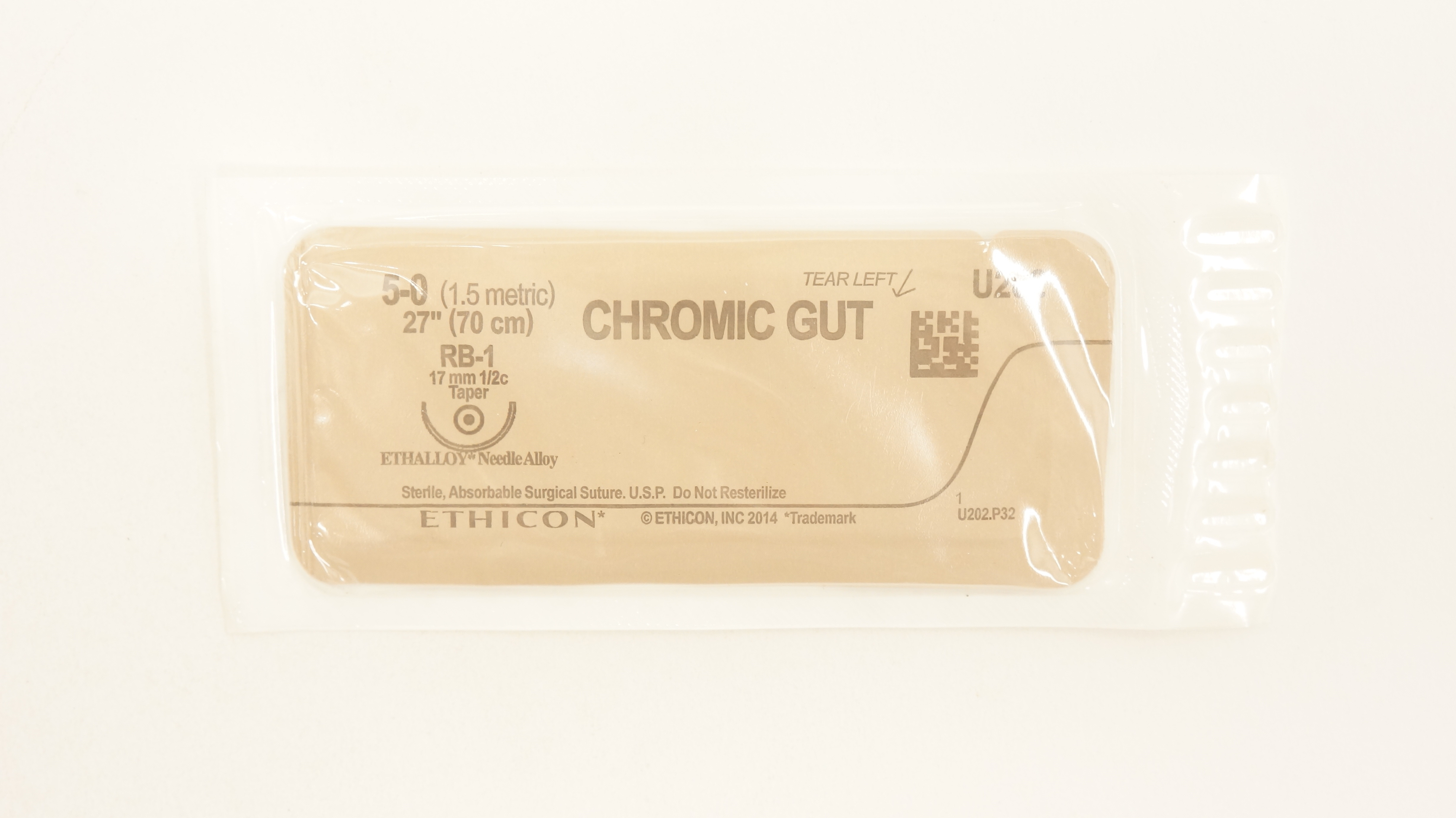 Ethicon U202 5-0 Chromic Gut Undyed Stre RB-1 17mm 1/2c Taperpoint, 27inch