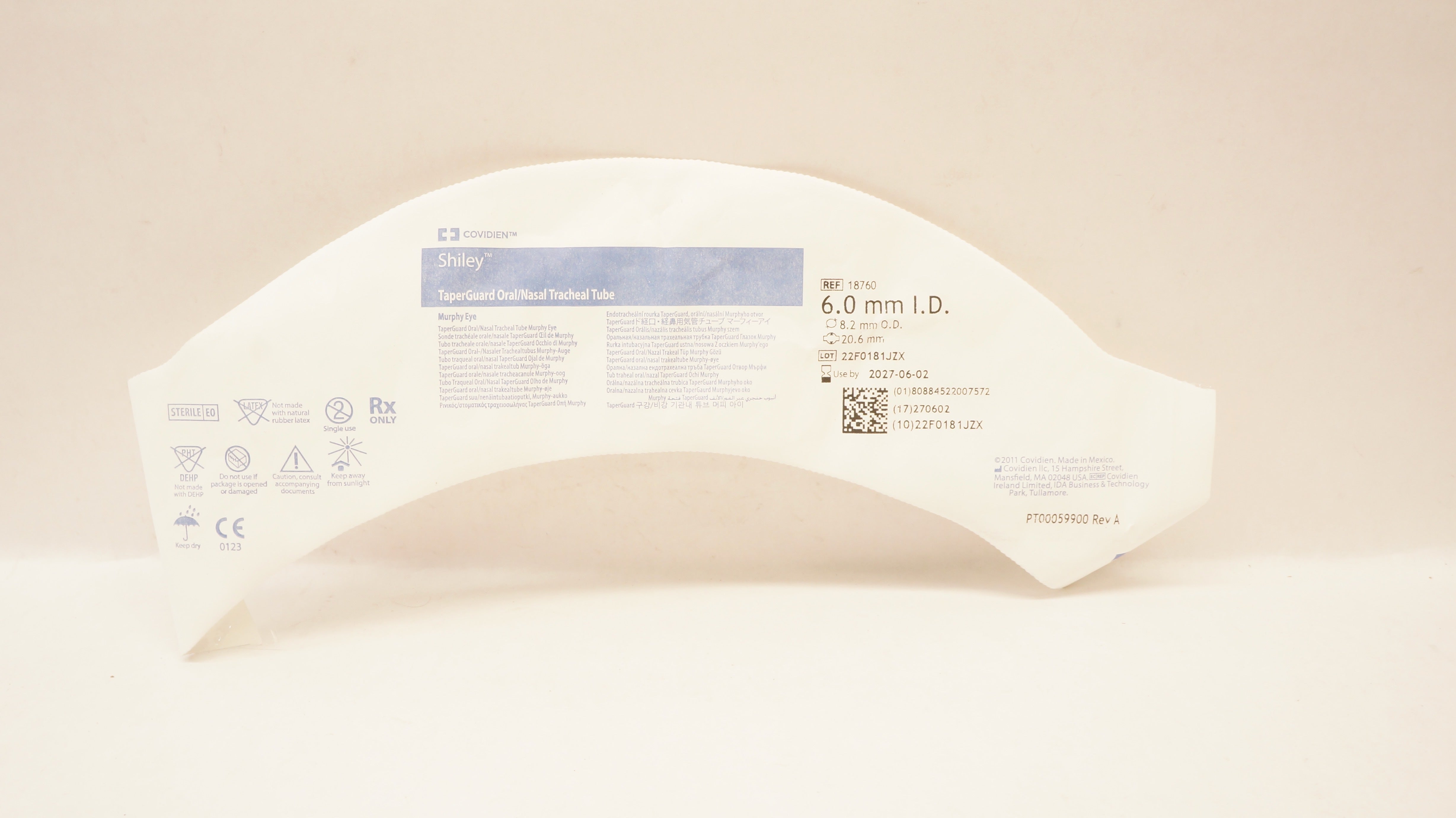 Covidien 18760 Shiley TaperGuard Oral/Nasal Tracheal Tube 6.0ID x 8.2OD x 20.6mm