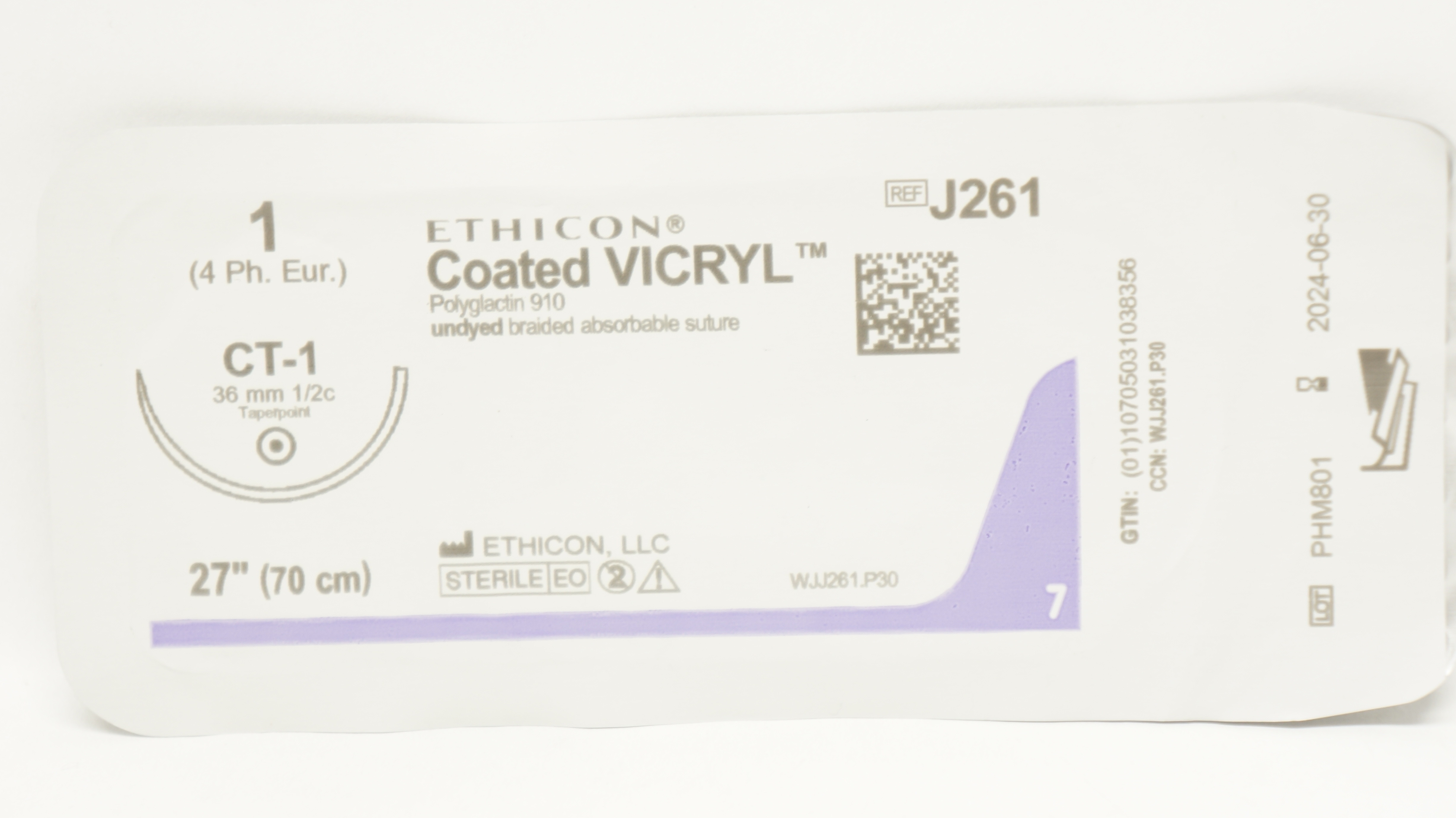 Ethicon J261 1 Coated VICRYL Stre, CT-1 36mm 1/2c Taperpoint, 27inch