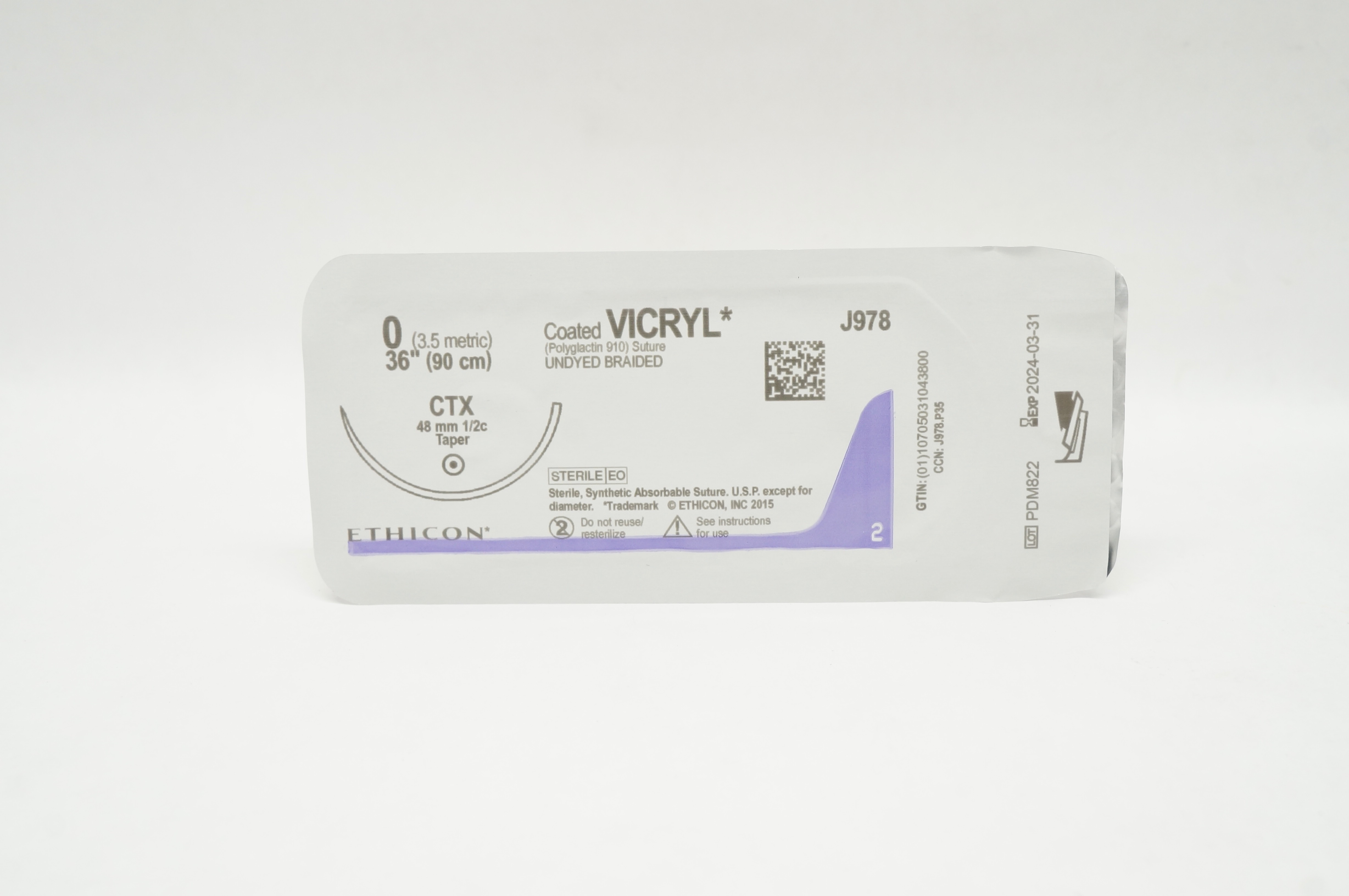 Ethicon J978 0 Coated VICRYL Polyglactin 910Stre CTX 48mm 1/2c Taperpoint 36inch