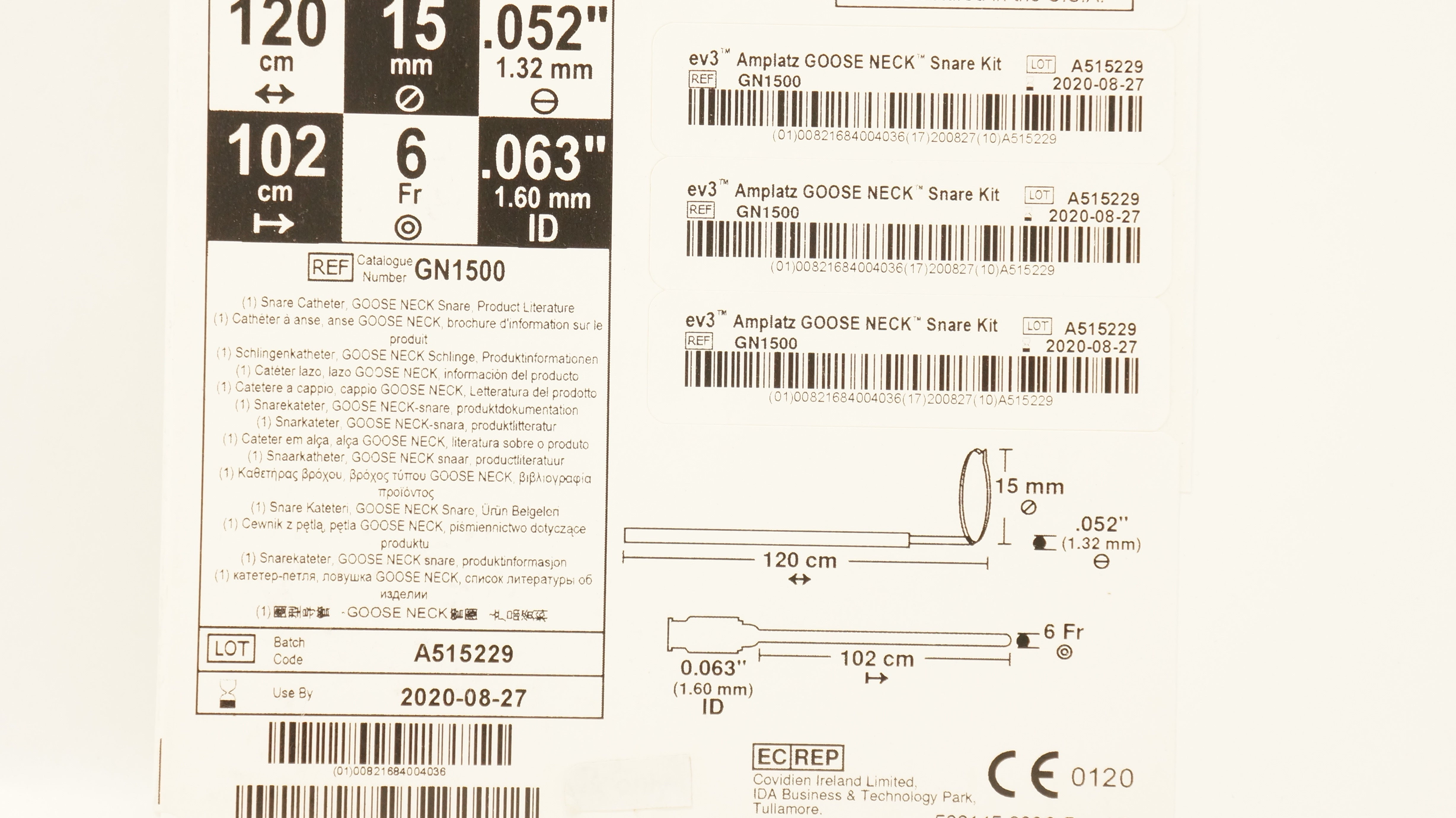 ev3 GN1500 Amplatz Goose Neck, Snare Kit 15mm x 102cm x 6Fr x