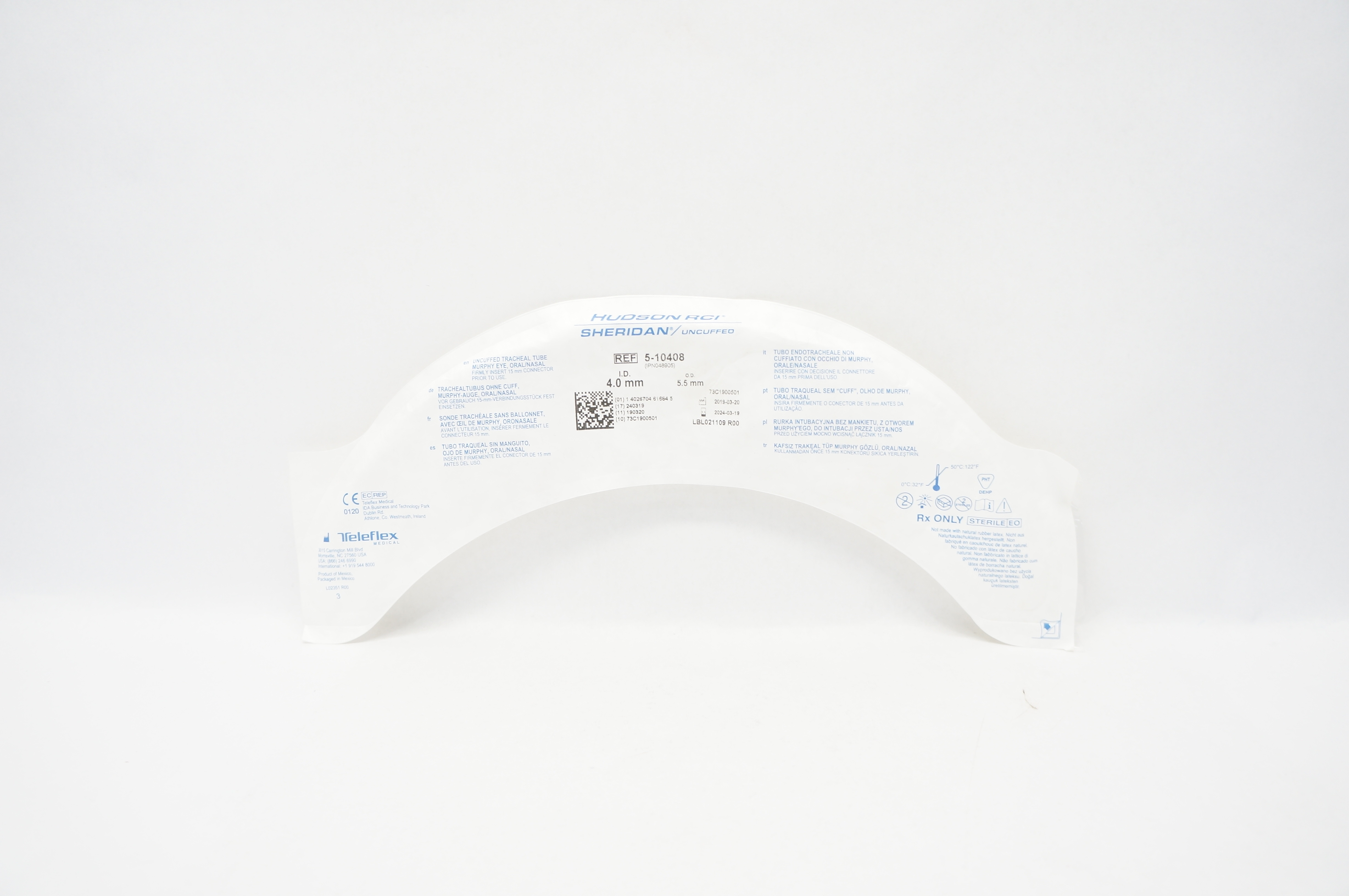 Teleflex 5-10408 Hudson RCI Sheridan Uncuffed Tracheal Tube 4.0mm ID x 5.5mm OD