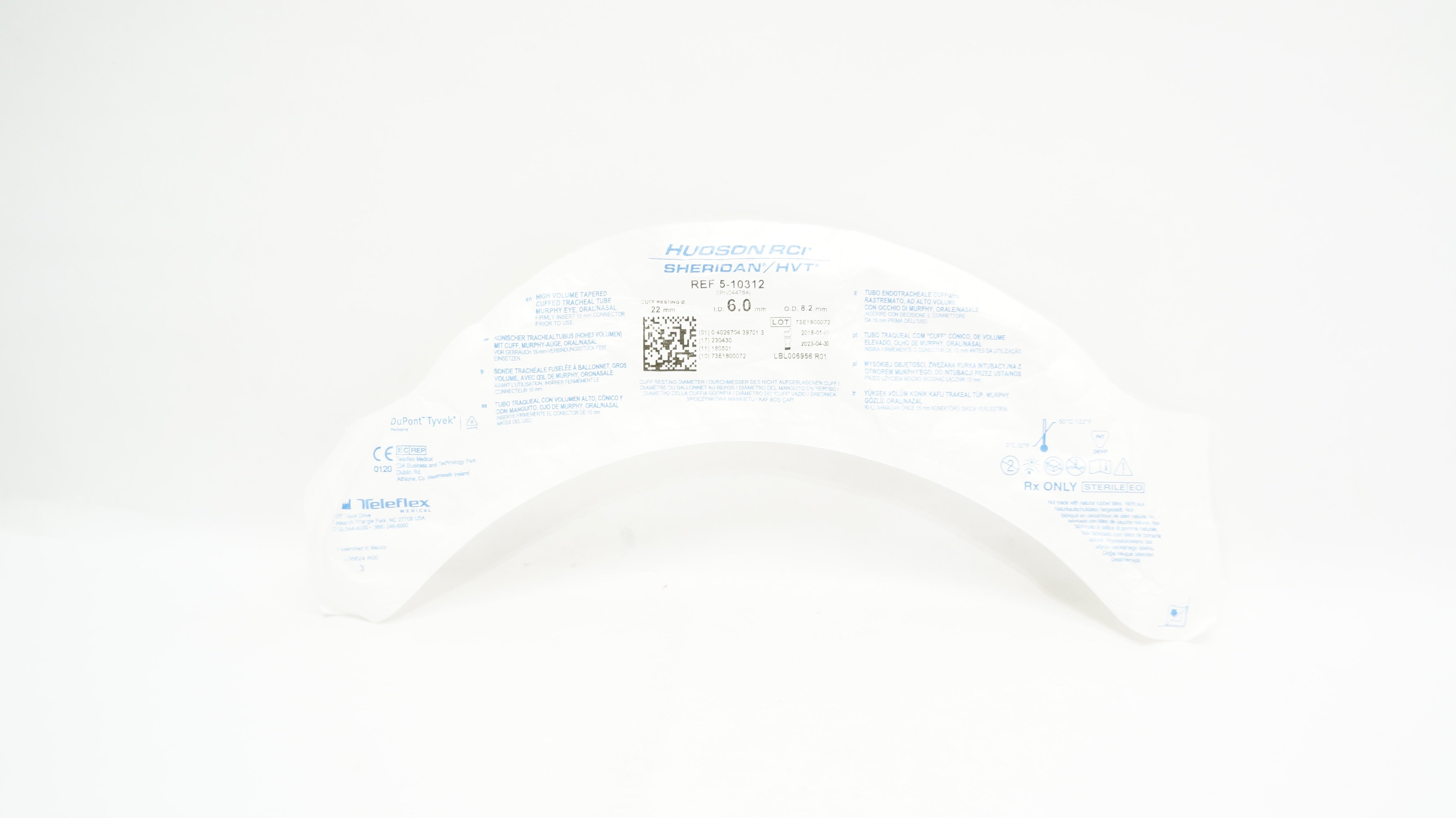Teleflex 5-10312 Hudson RCI Sheridan Cuffed Tracheal Tube 6.0ID x 8.2OD x 22 mm