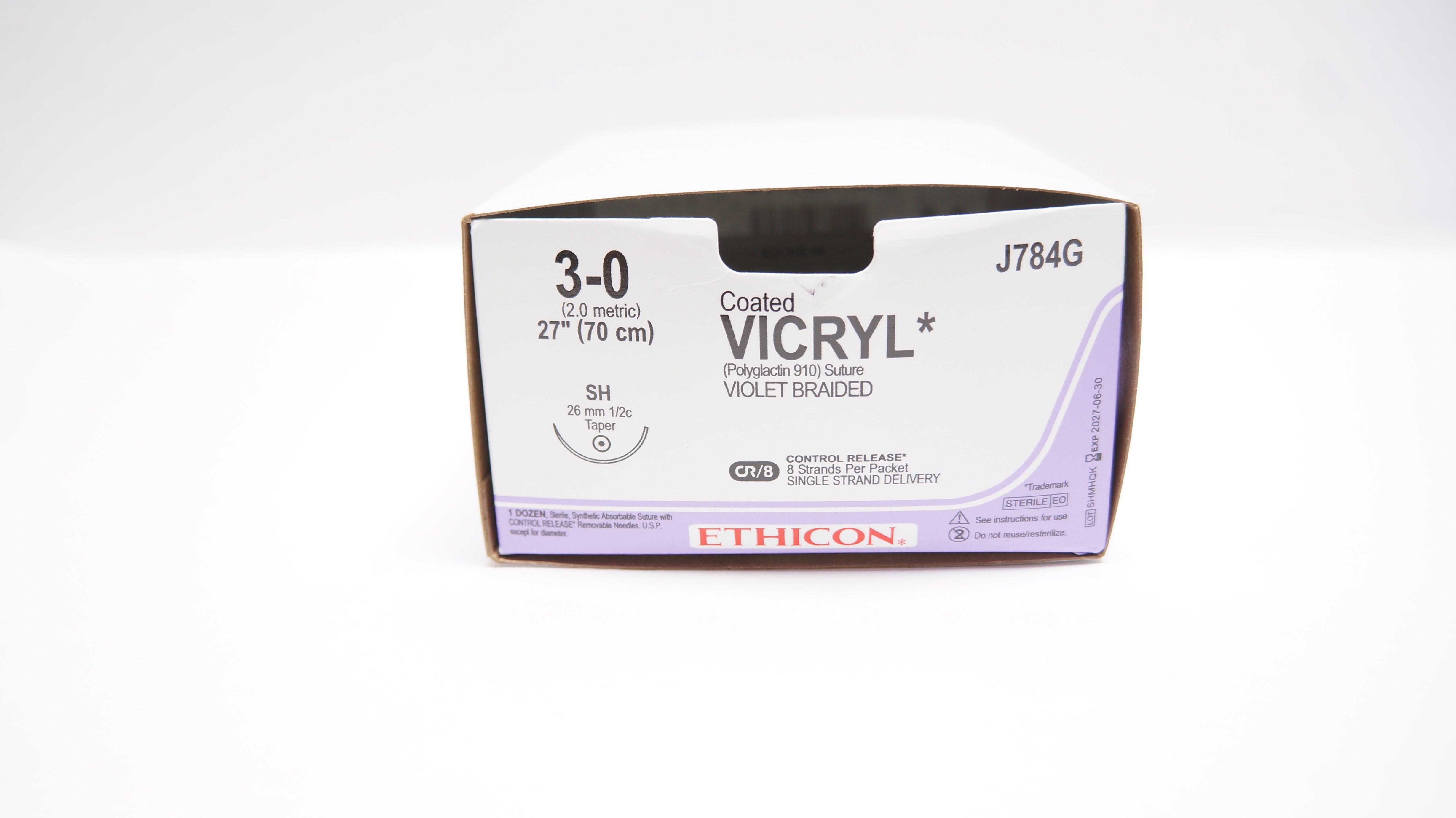 Vic Ryp Ethicon J784G 3-0 Coated Vicryl, SH, 26mm 1/2c Taper, 27inch - Box of 8