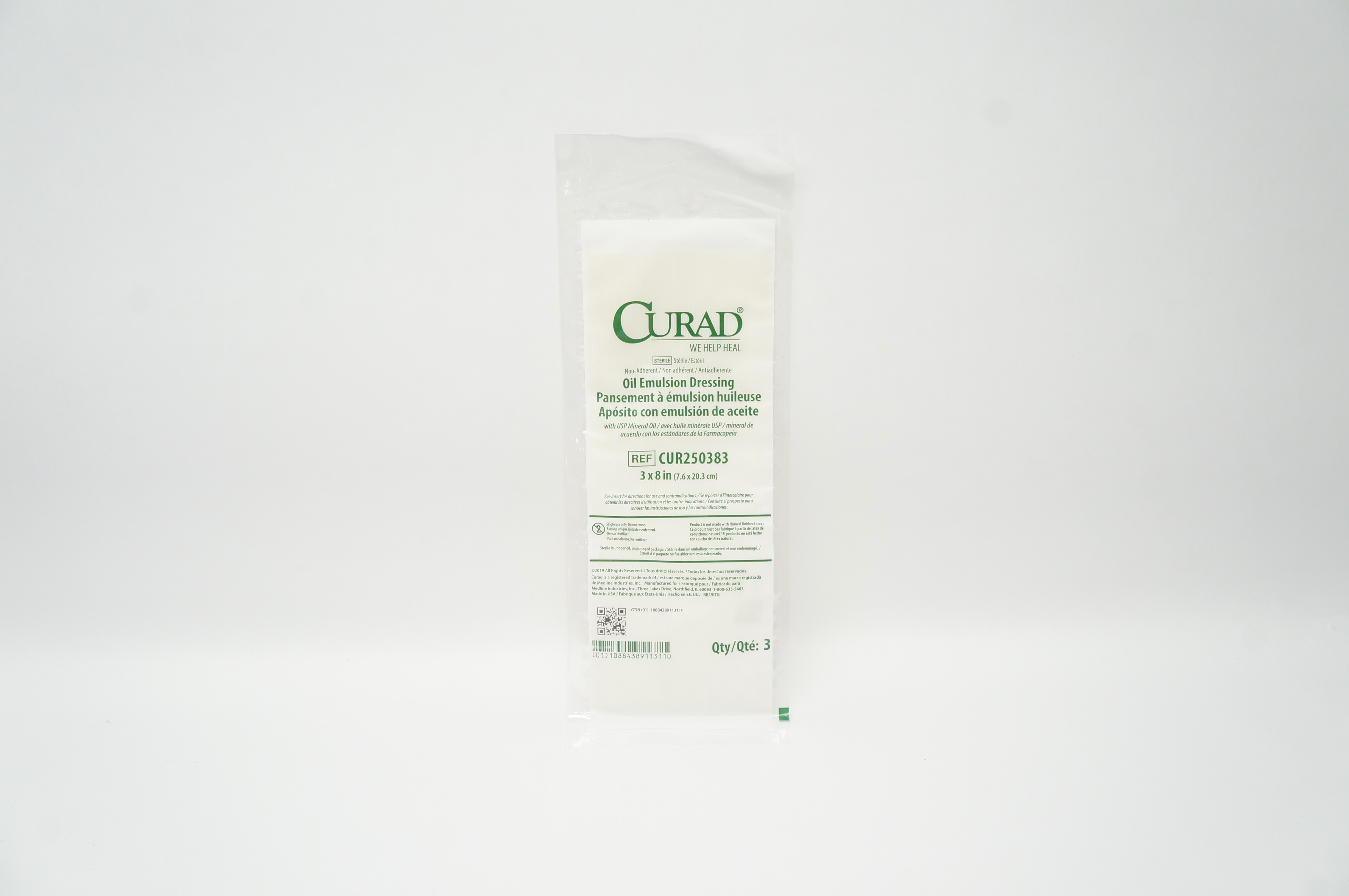 Medline CUR250383 Curad Non-Adherent Oil Emulsion Dressing 3 x 8inch - Pack of 3