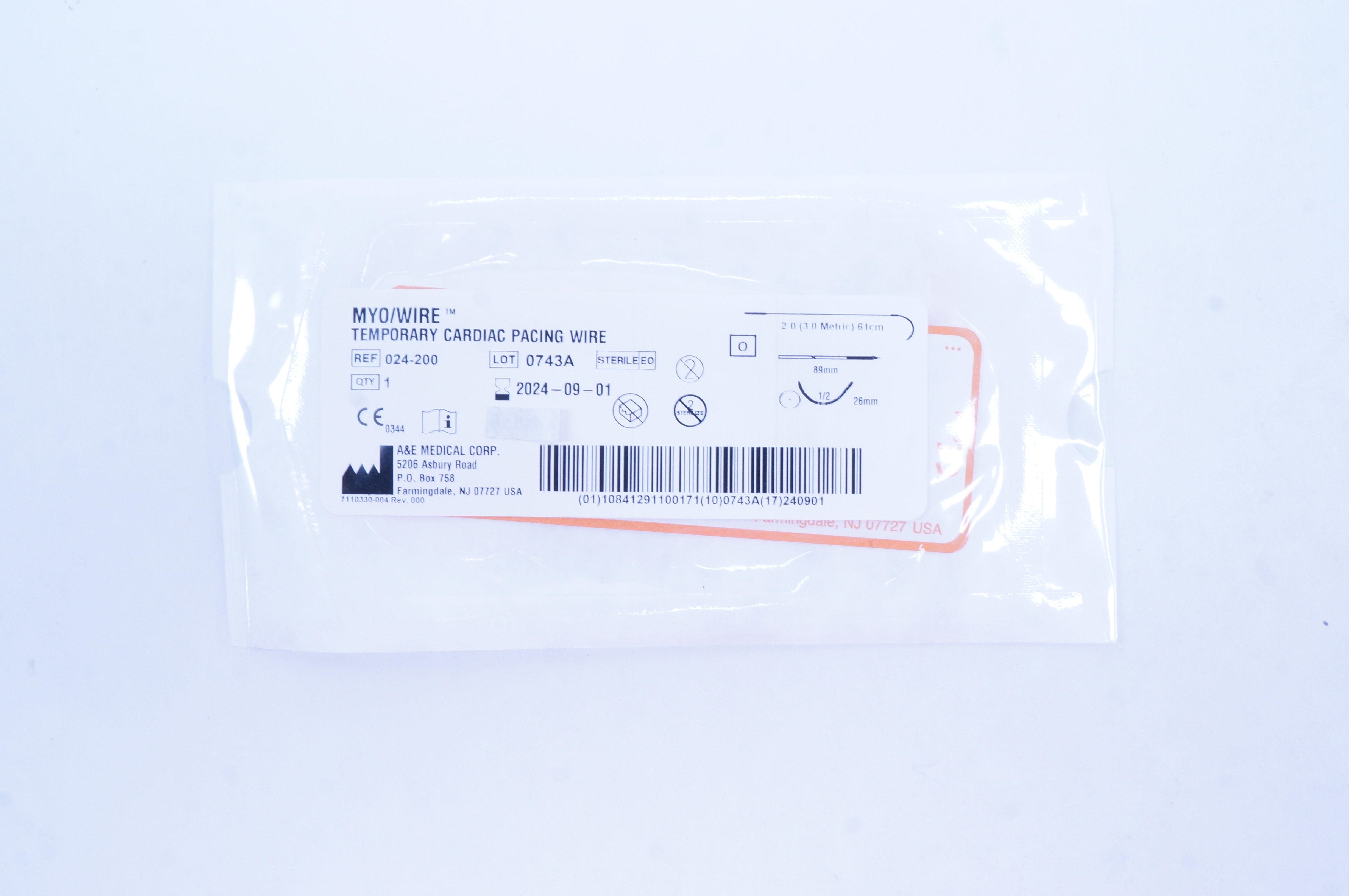 A&E Medical 024-200 MYO/Wire Temporary Cardiac Pacing Wire 1/2c 89mm x 26mm
