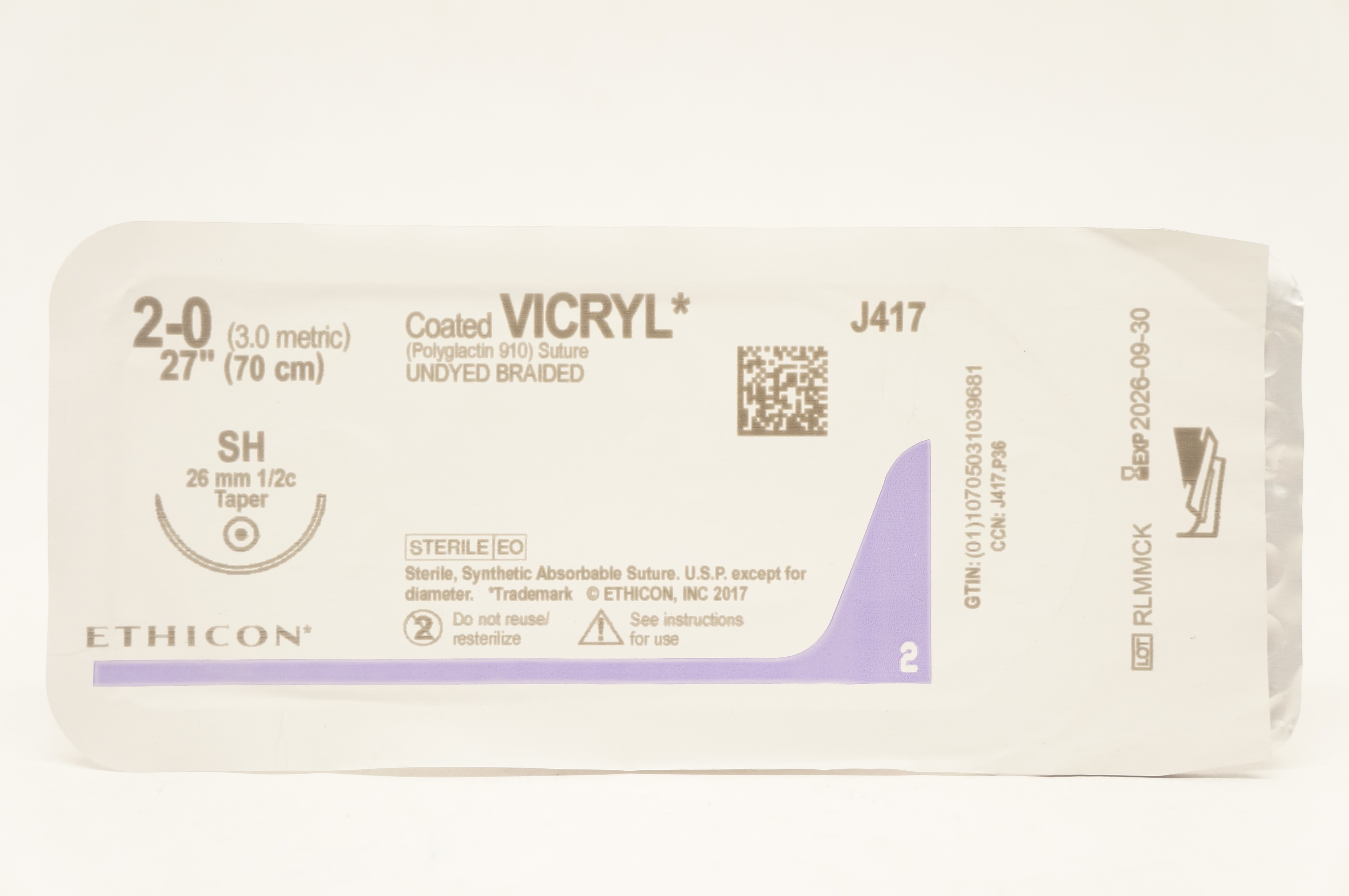 Ethicon J417 2-0 Coated VICRYL, SH 26mm 1/2c Taper, 27inch