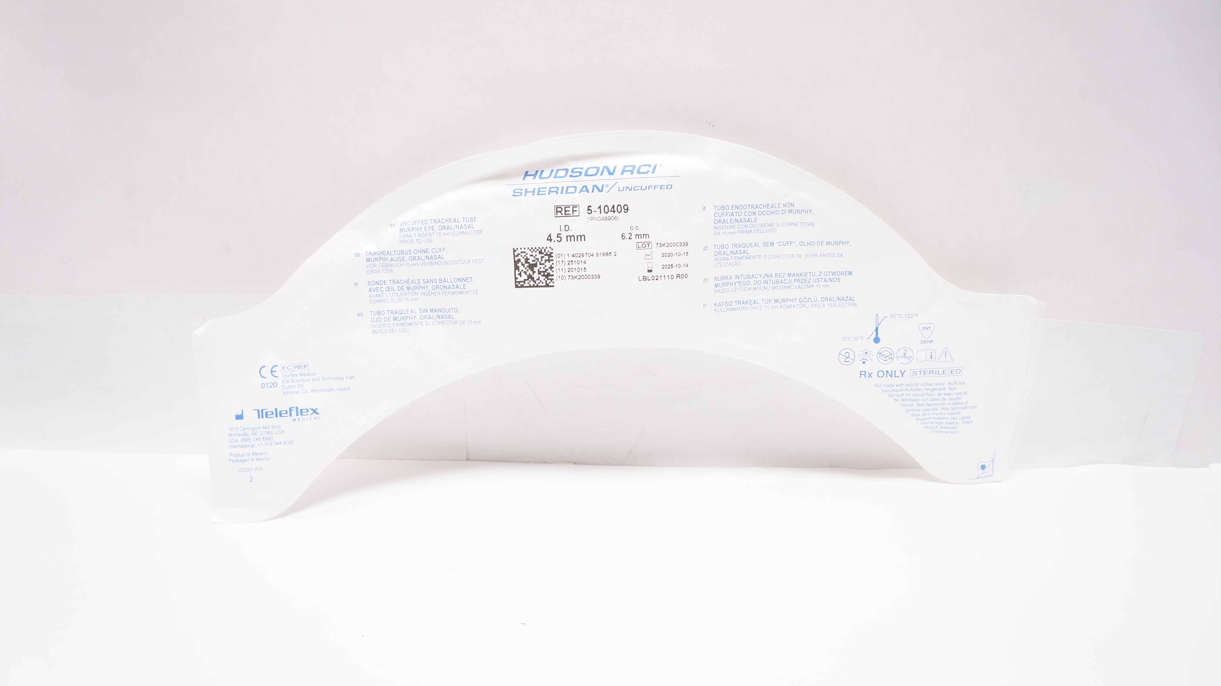 Teleflex 5-10409 Hudson RCI Sheridan Uncuffed Tracheal Tube 4.5mm ID x 6.2mm OD