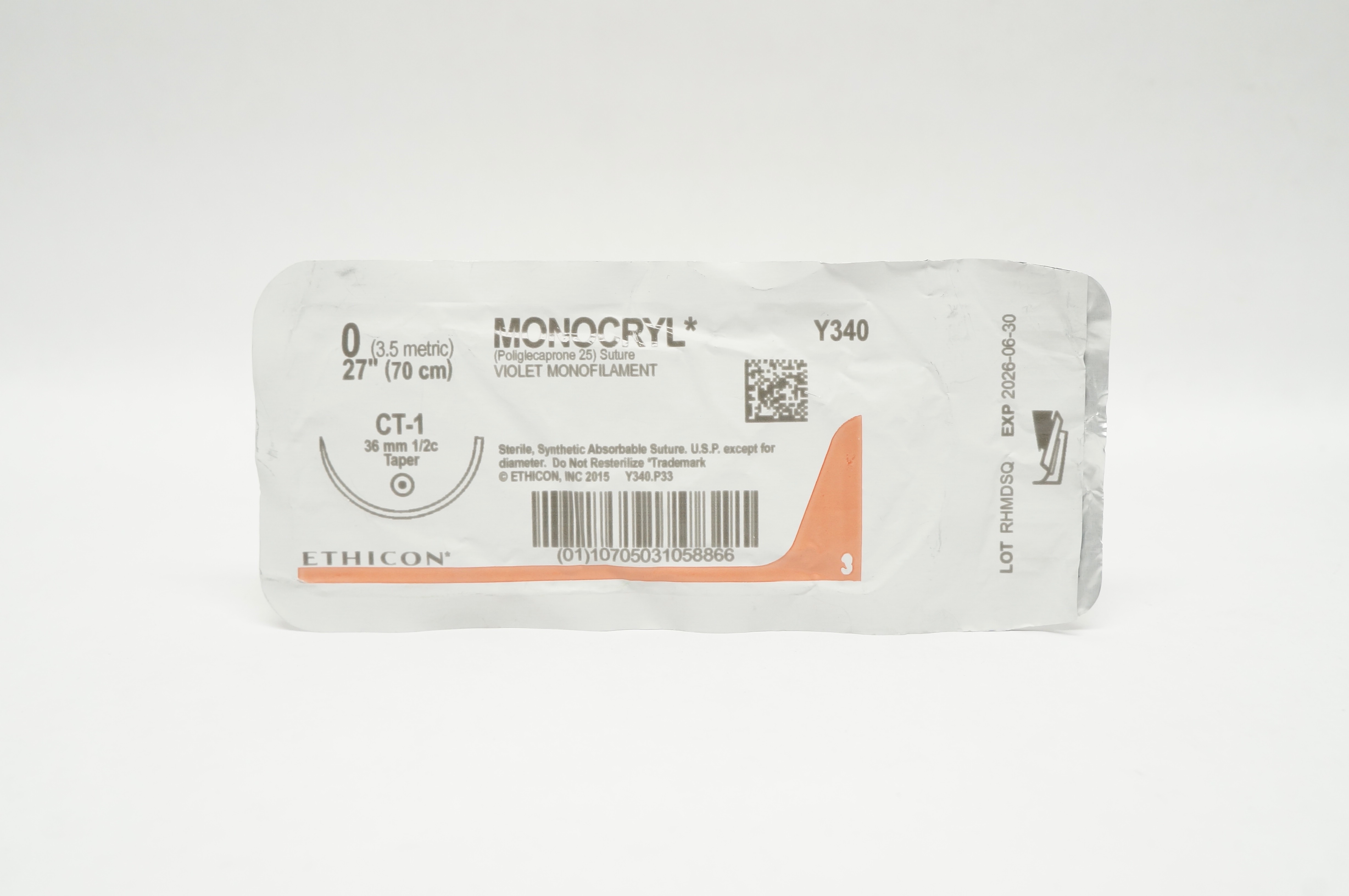 Ethicon Y340 0 MONOCRYL Violet Monofilament Stre CT-1 36mm 1/2c Taper, 27inch