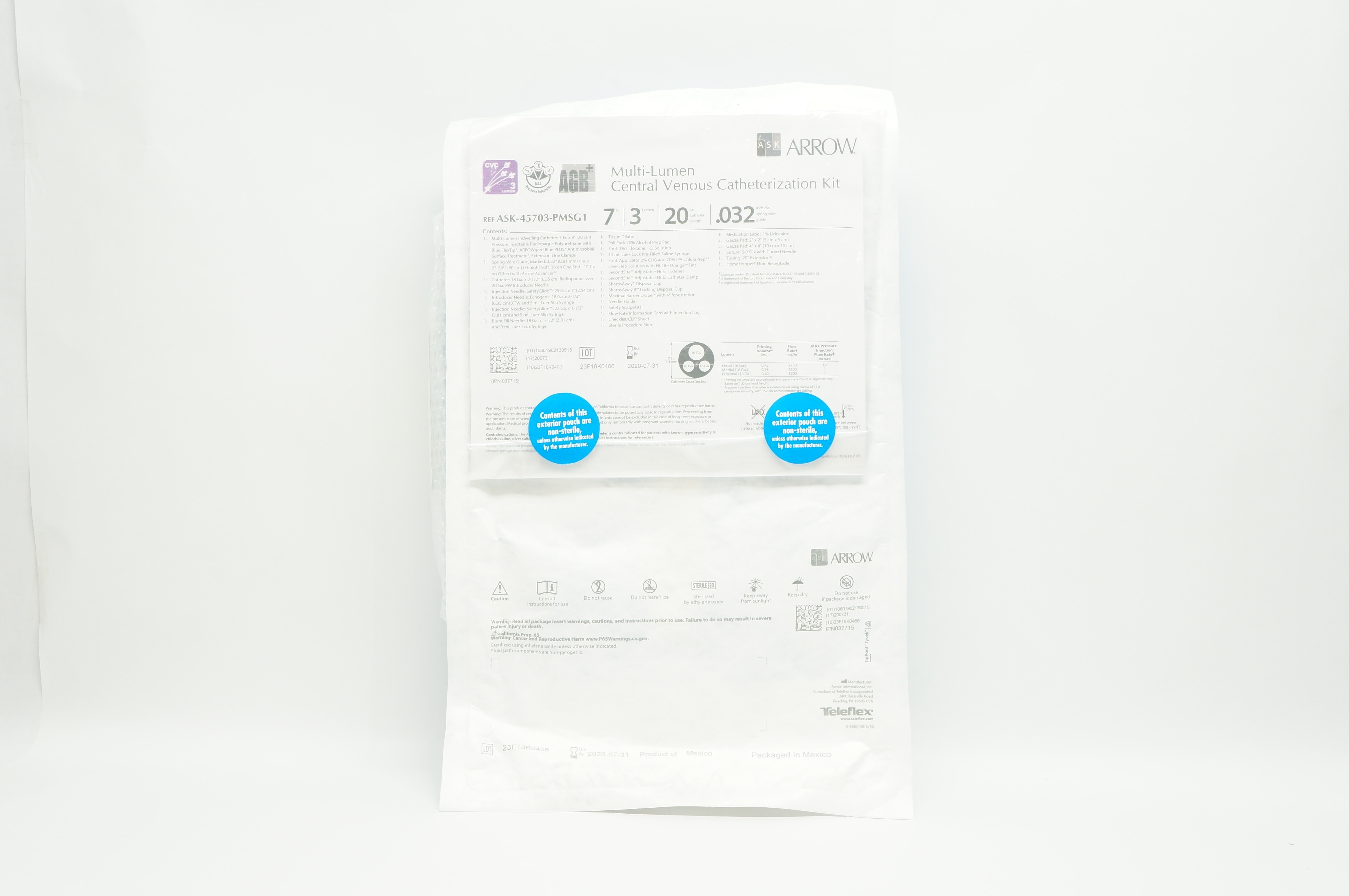 Arrow ASK-45703-PMSG1 Multi-Lumen Central Venous Catheterization Kit 7Fr.