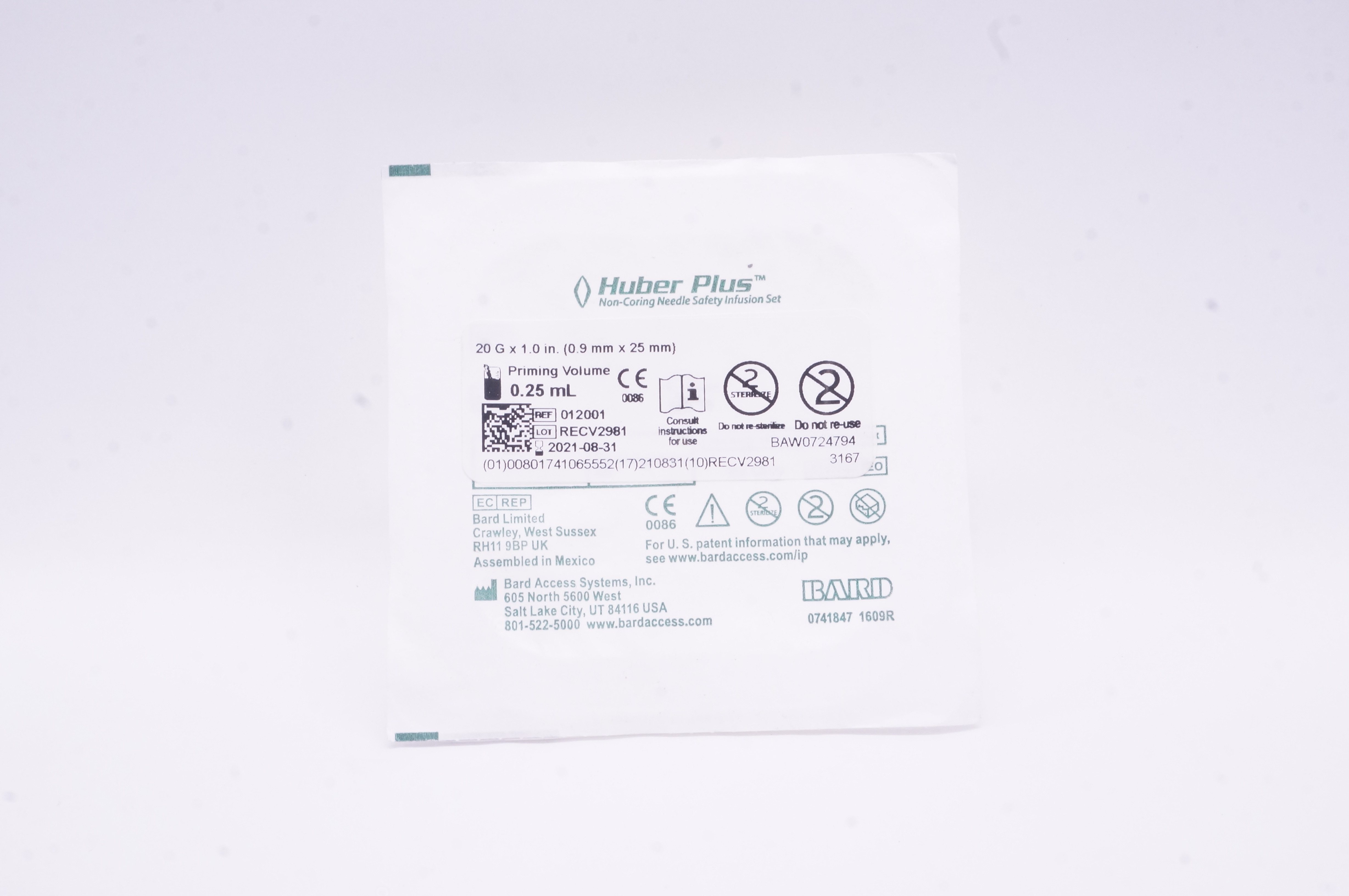 Bard 012001 Huber Plus Non-Coring Ndle Safety Infusion Set 20G x 1.0 inch