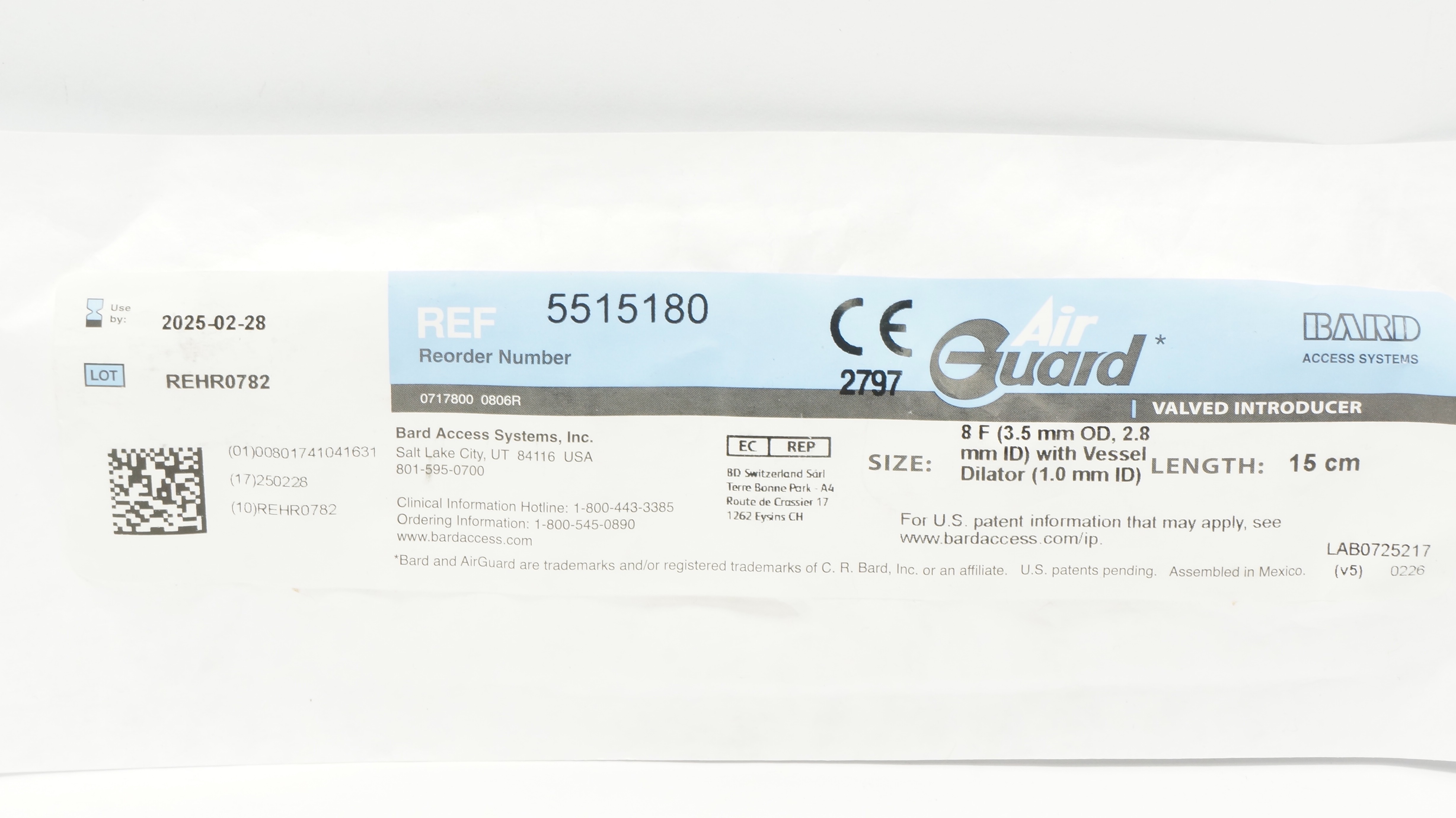 Bard 5515180 Air Guard Valved Introducer w/Vessel Dilator 8F x 15cm (x)