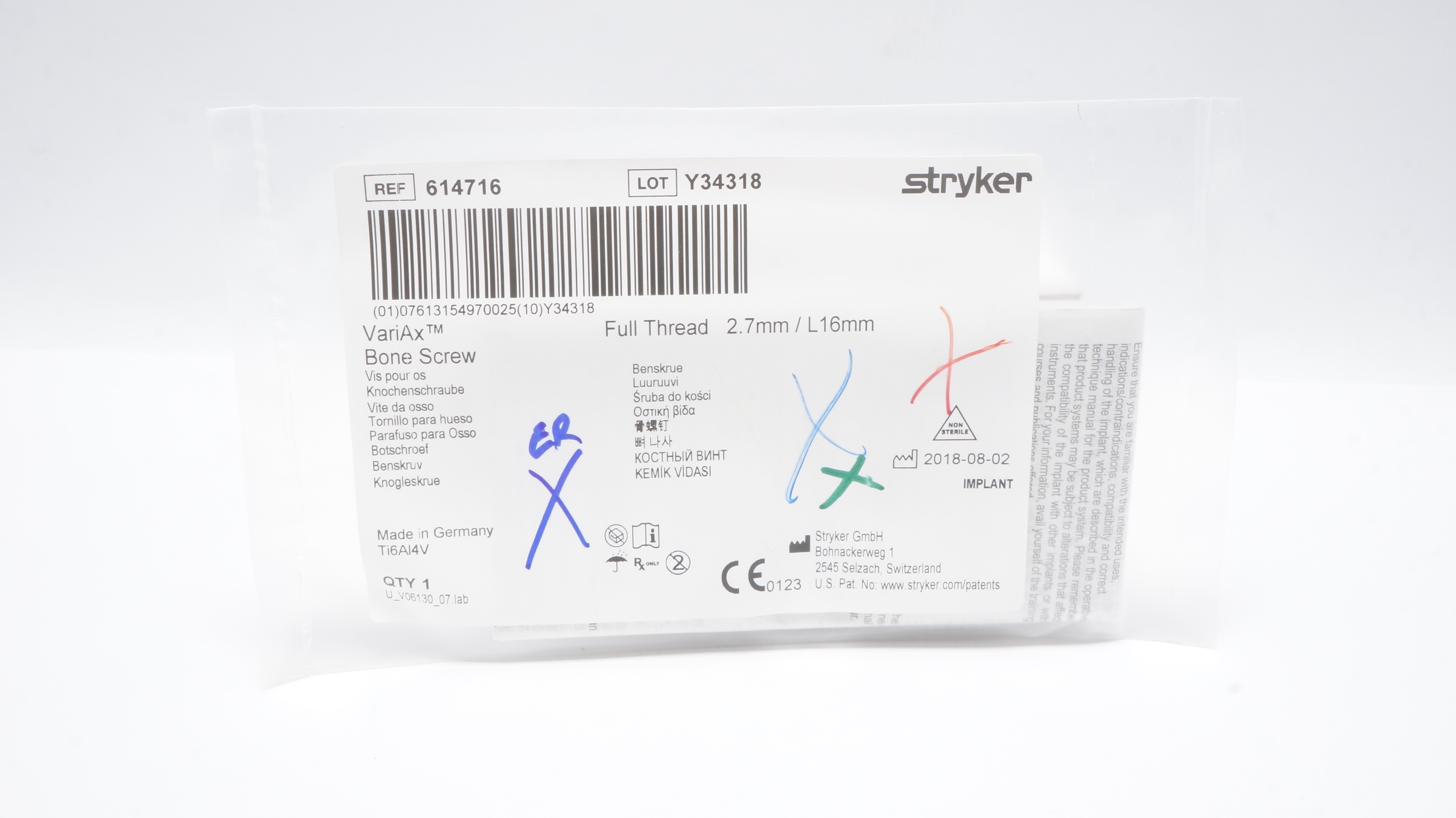 Stryker 614716 VariAx Bone Screw Full Thread 2.7mm/ L16mm