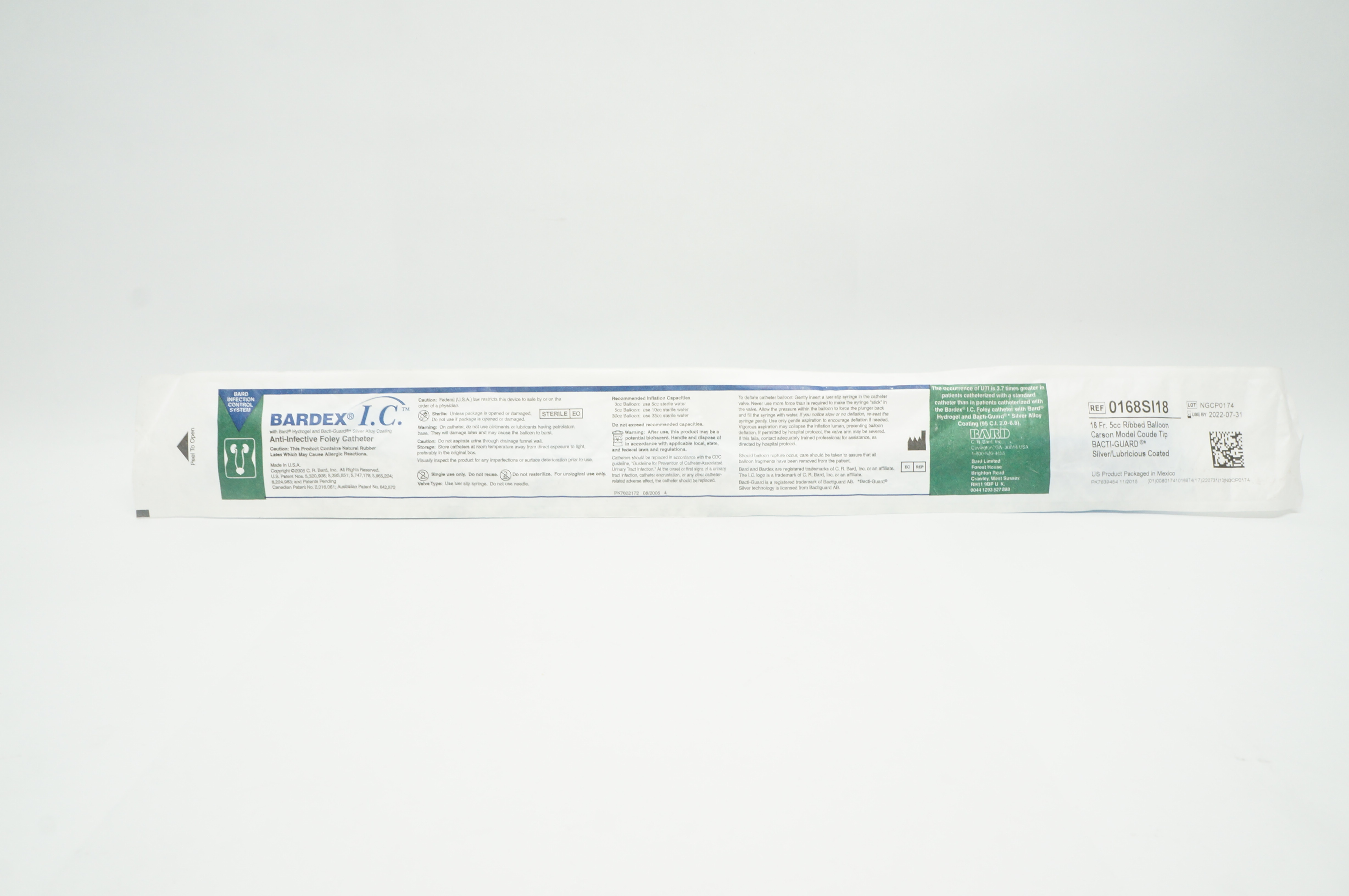 Bard 0168SI18 Anti-Infective Foley Cath. 18Fr Ribbed Balloon Carson Model
