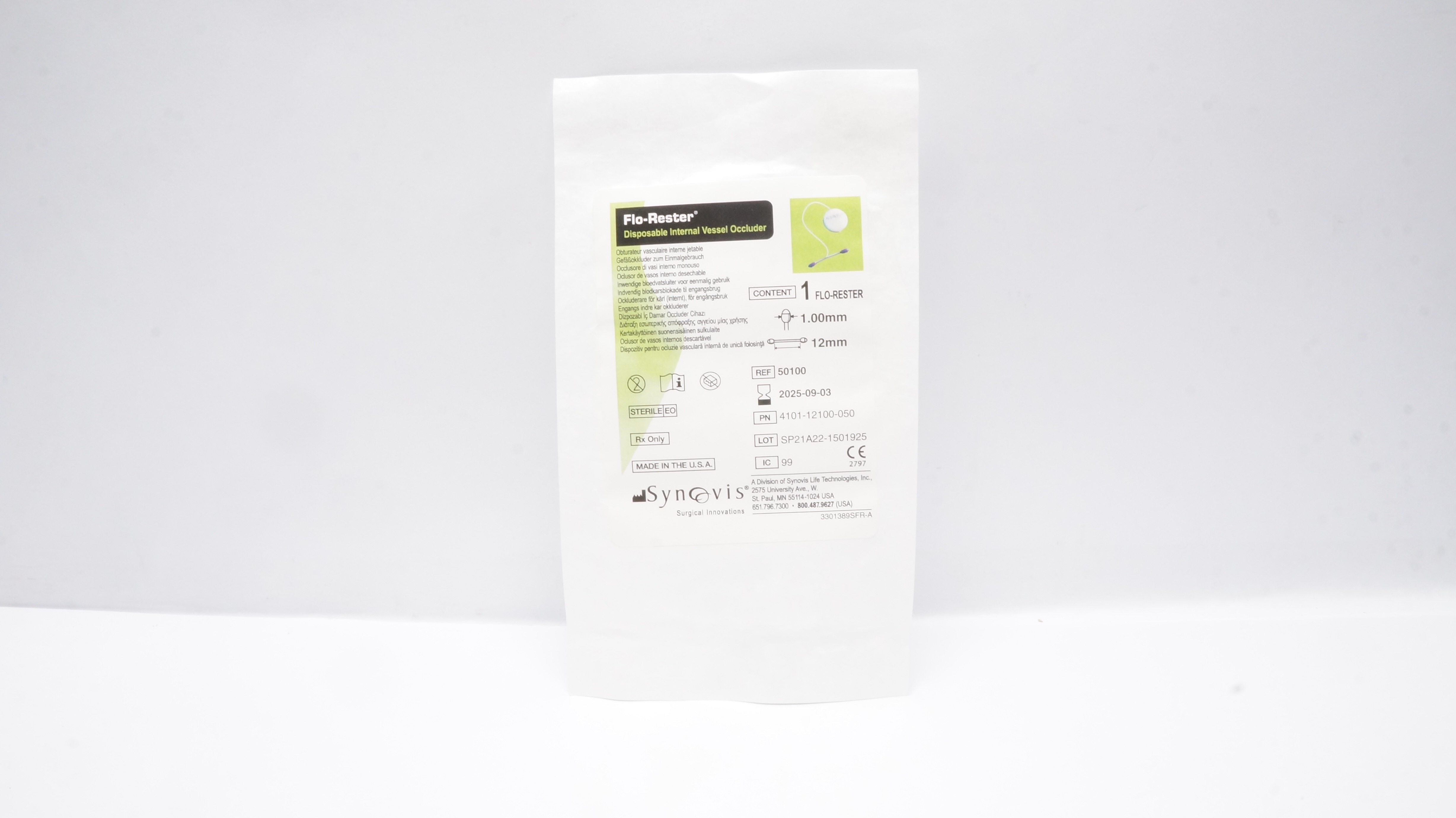 Synovis 50100 Flo-Rester Disposable Internal Vessel Occluder, 1.00mm x 12mm