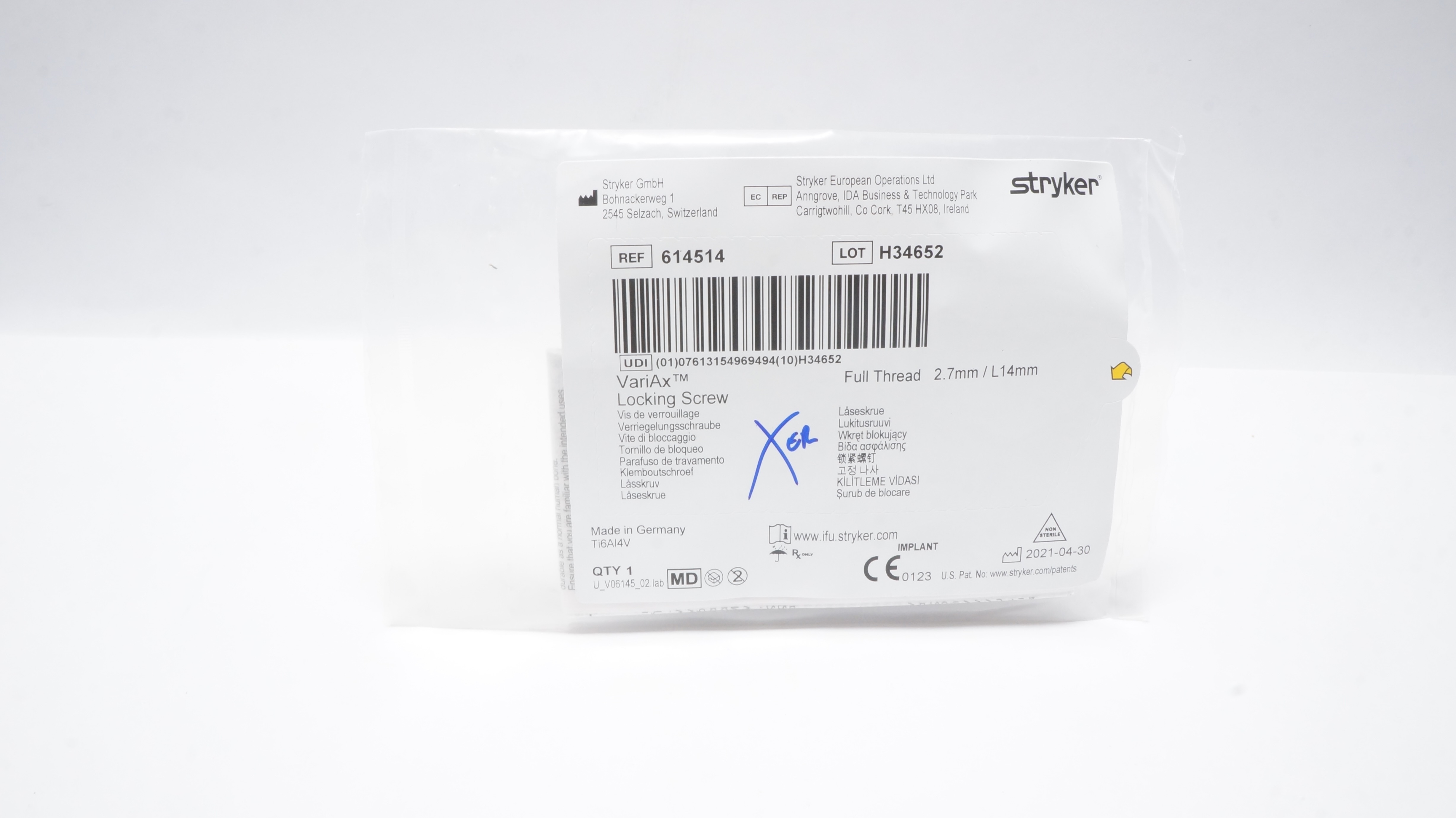 Stryker 614514 VariAx Locking Screw Full Thread 2.7mm/ L14mm