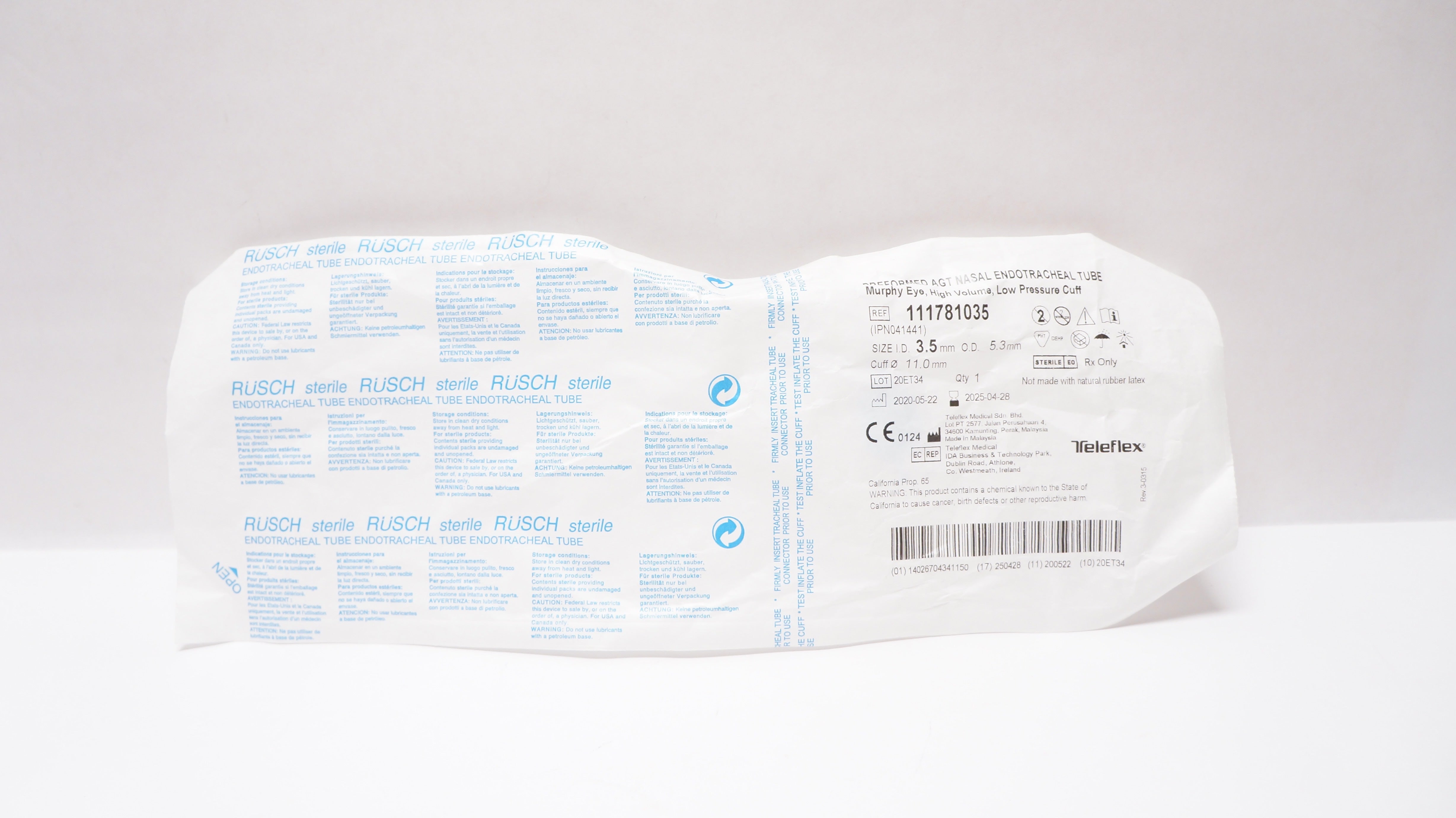Teleflex 111781035 Preformed Agt Nasal Endotracheal Tube 3.5ID x 5.3OD x 11.0mm