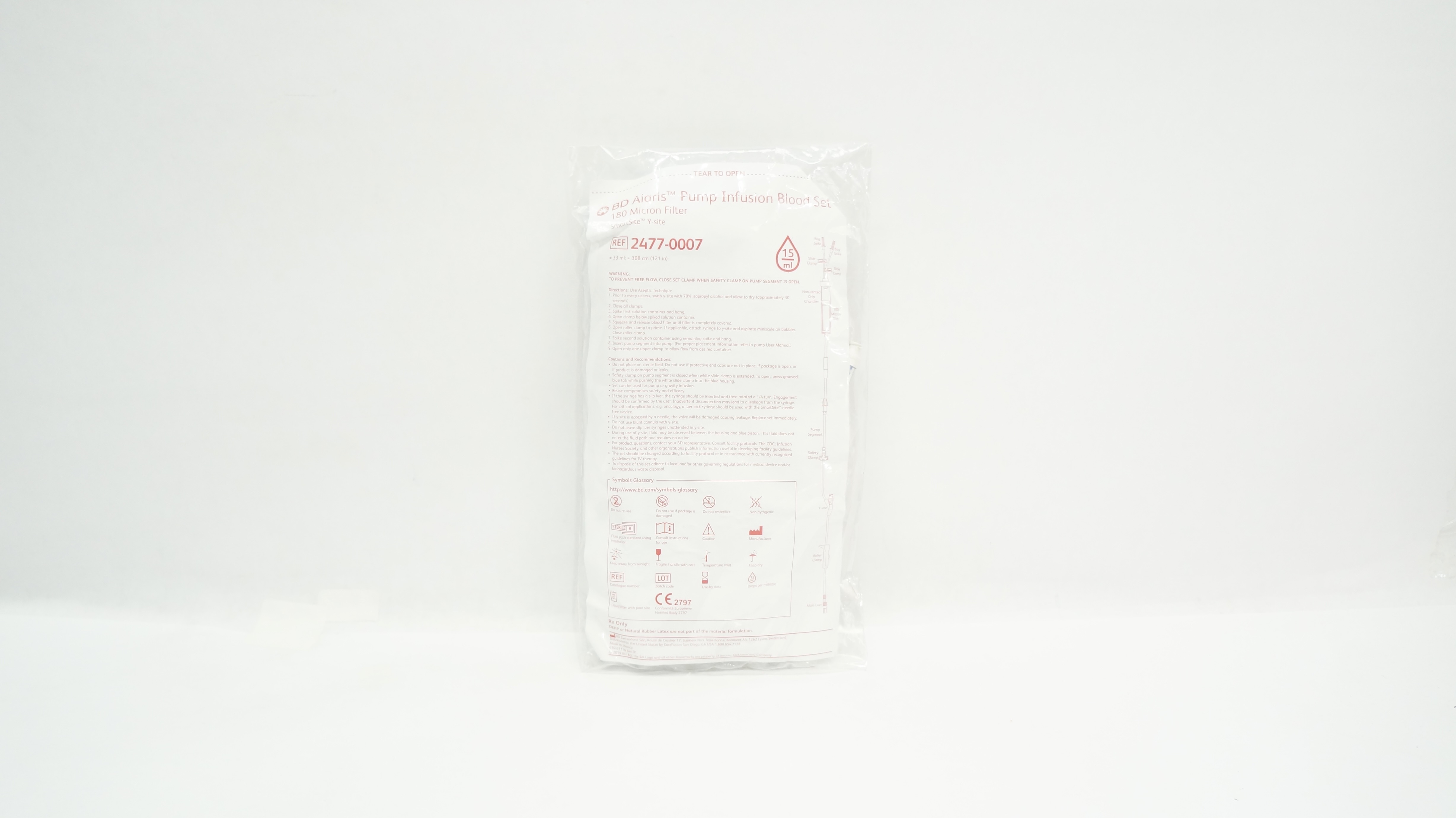 BD 2477-0007 Alaris Pump Infusion Blood Set 33ml x 121inch, 15Dros/ml