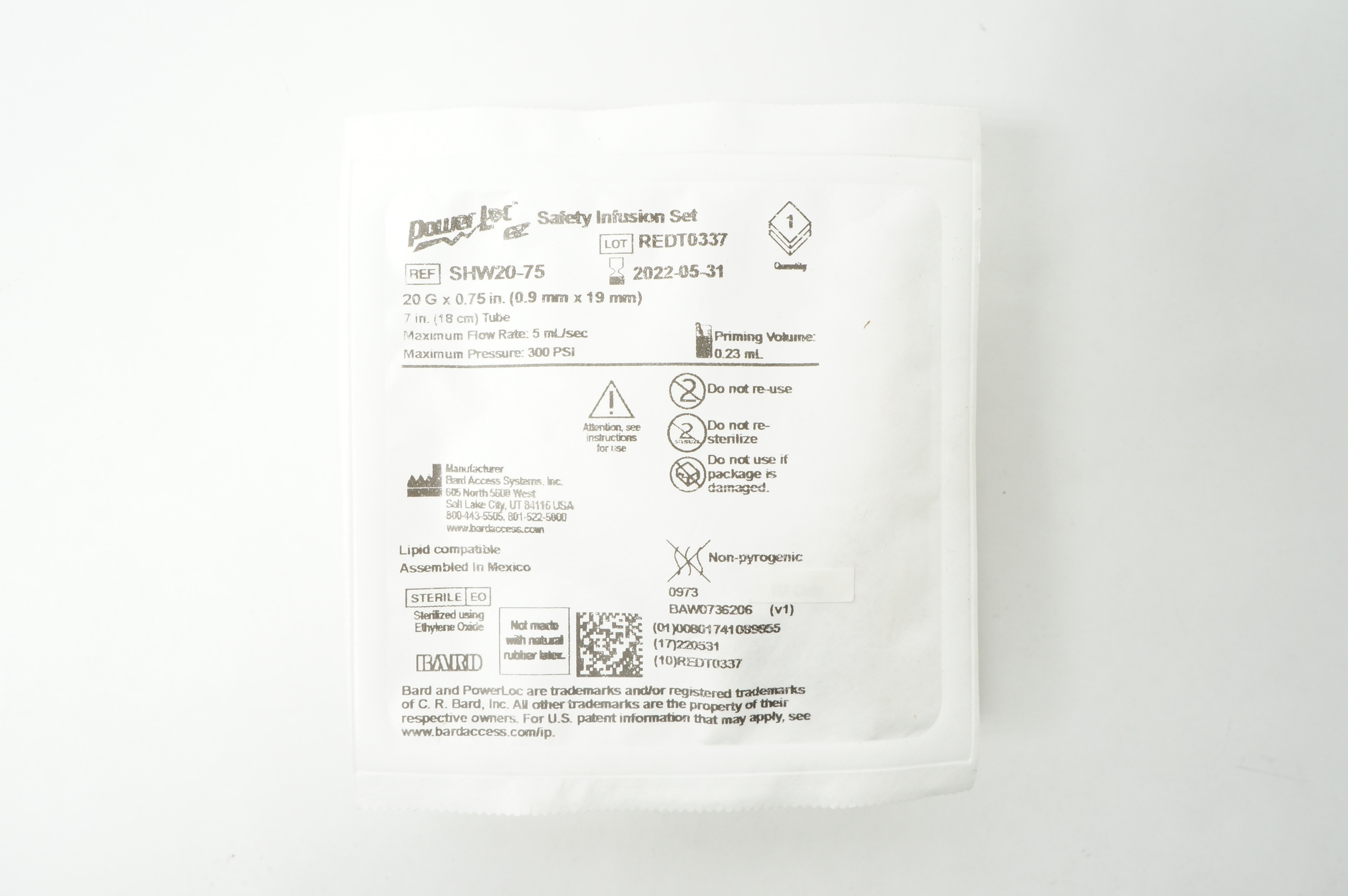 Bard SHW20-75 Power Loc Safety Infusion Set 20G x 0.75 inch, Priming Vol. 0.23mL