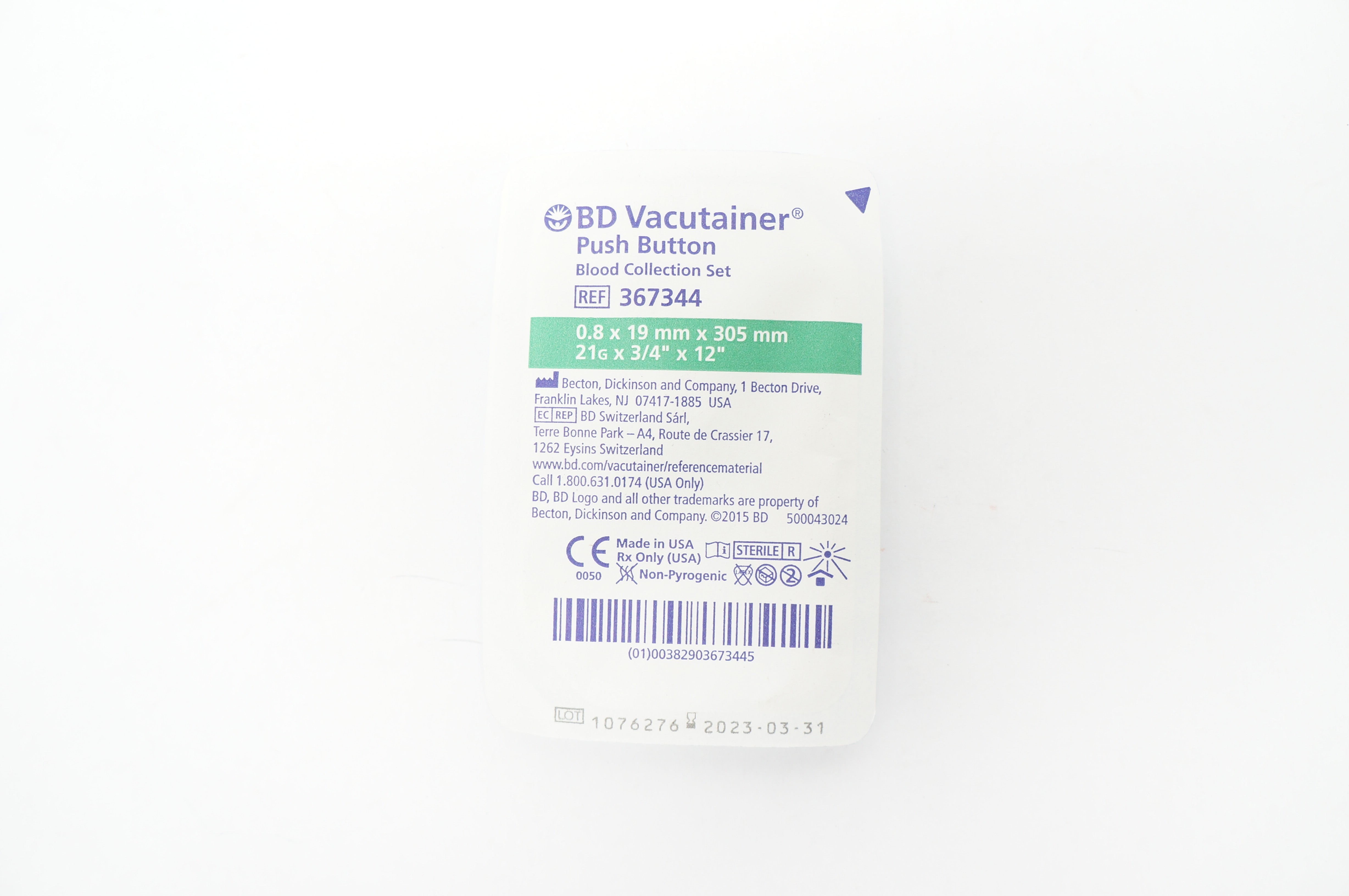 BD 367344 Vacutainer Push Button Blood Collection Set 24G x 3/4inch x 12inch (x)
