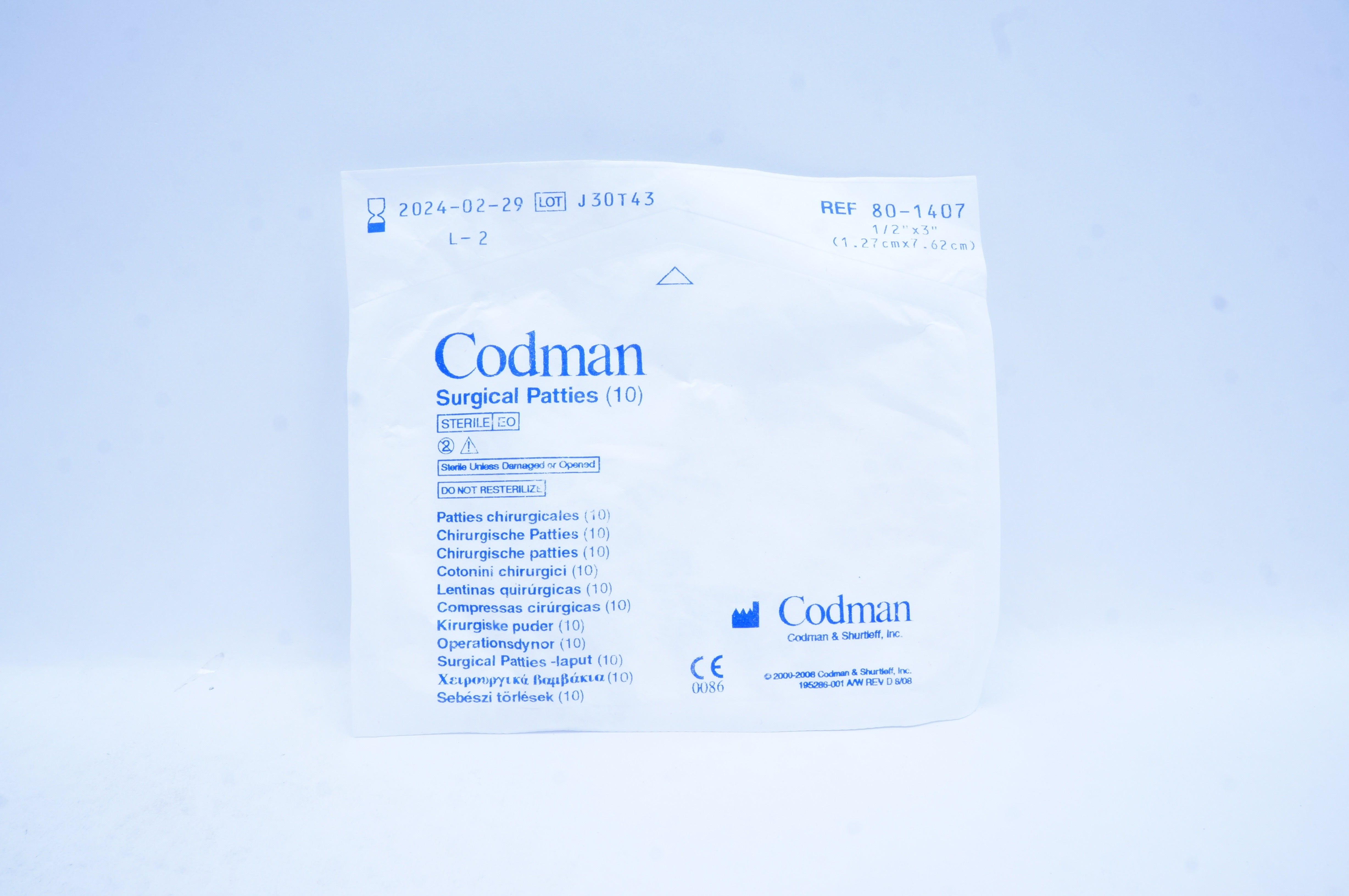 Codman 80-1407 Surgical Patties 1/2 inch x 3 inch - Pack of 10