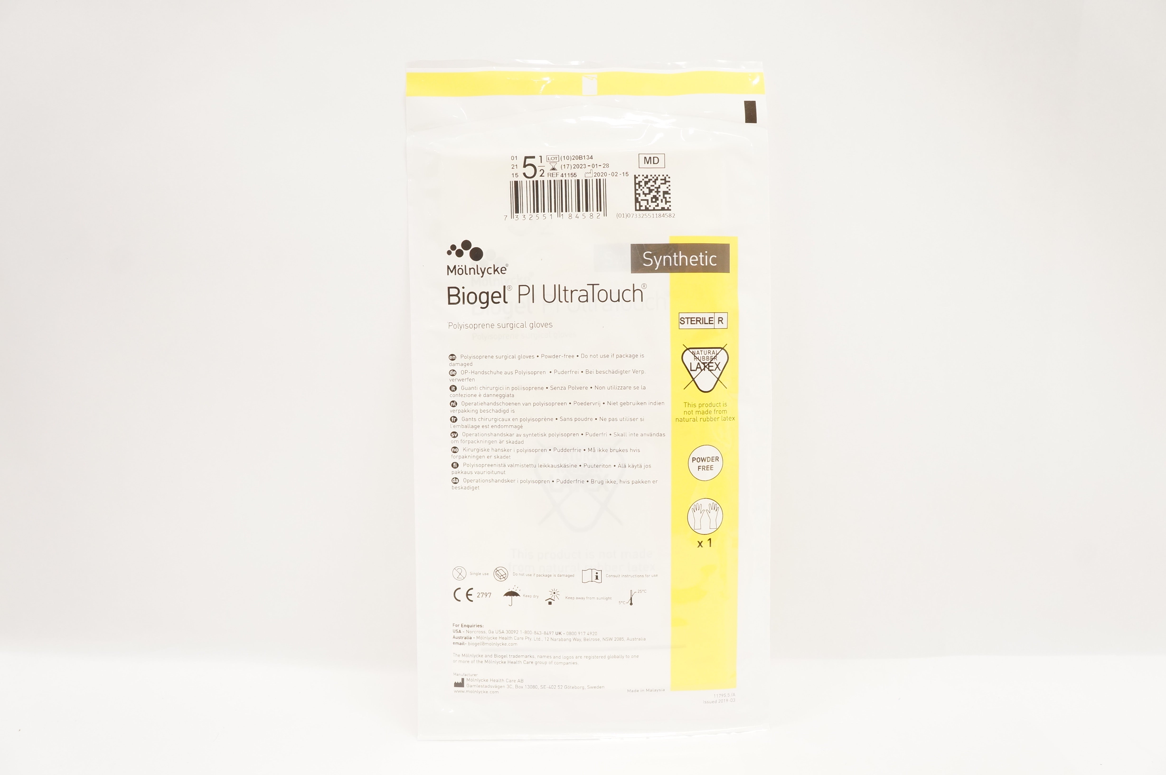 Molnlycke Health Care 41155 Biogel Pl UltraTouch Synthetic Gloves Size 5-1/2