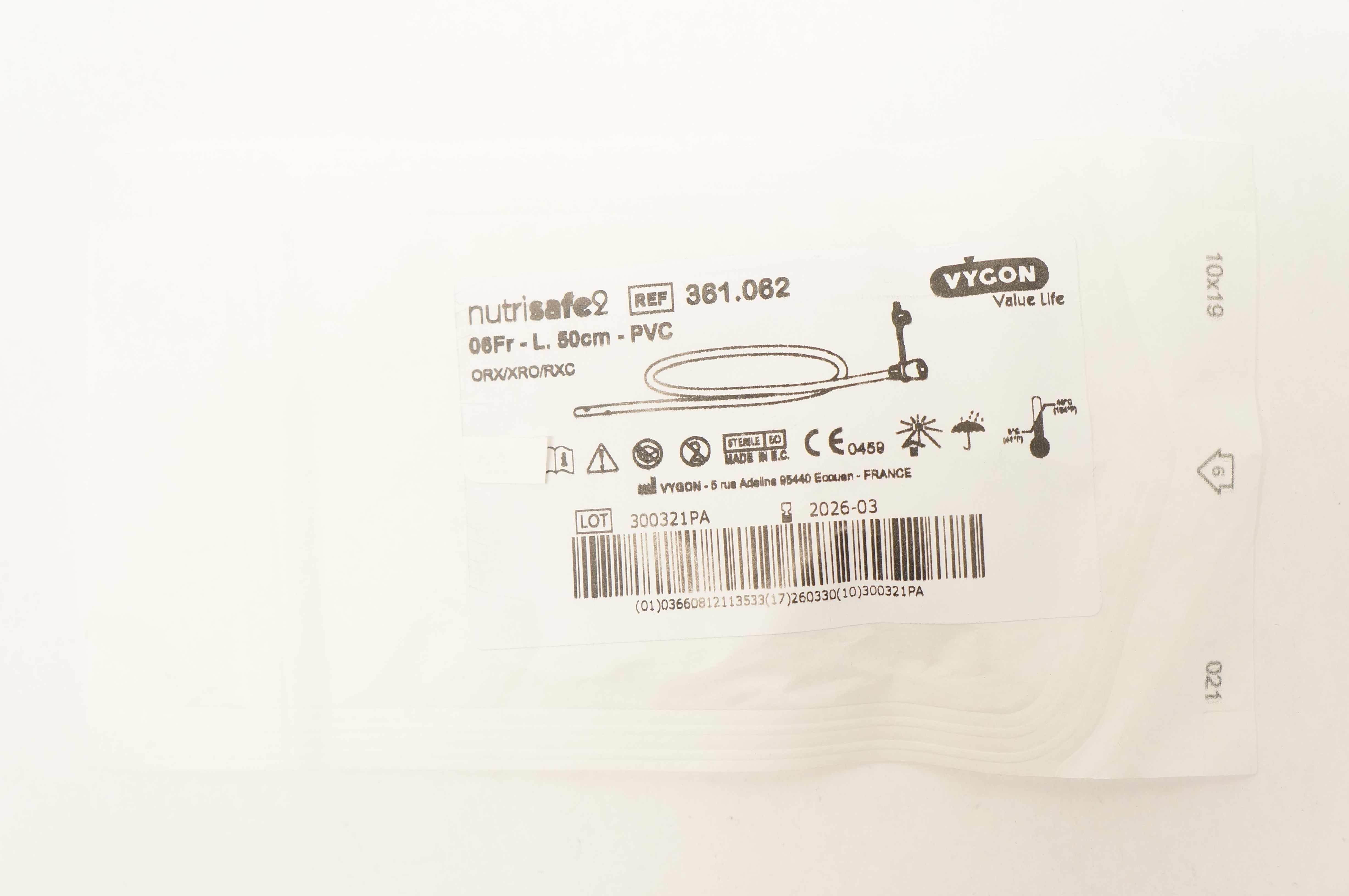 Vygon 361.062 Nutrisafe2 PVC DEHP Free Feeding Tube 06Fr. x 50cm