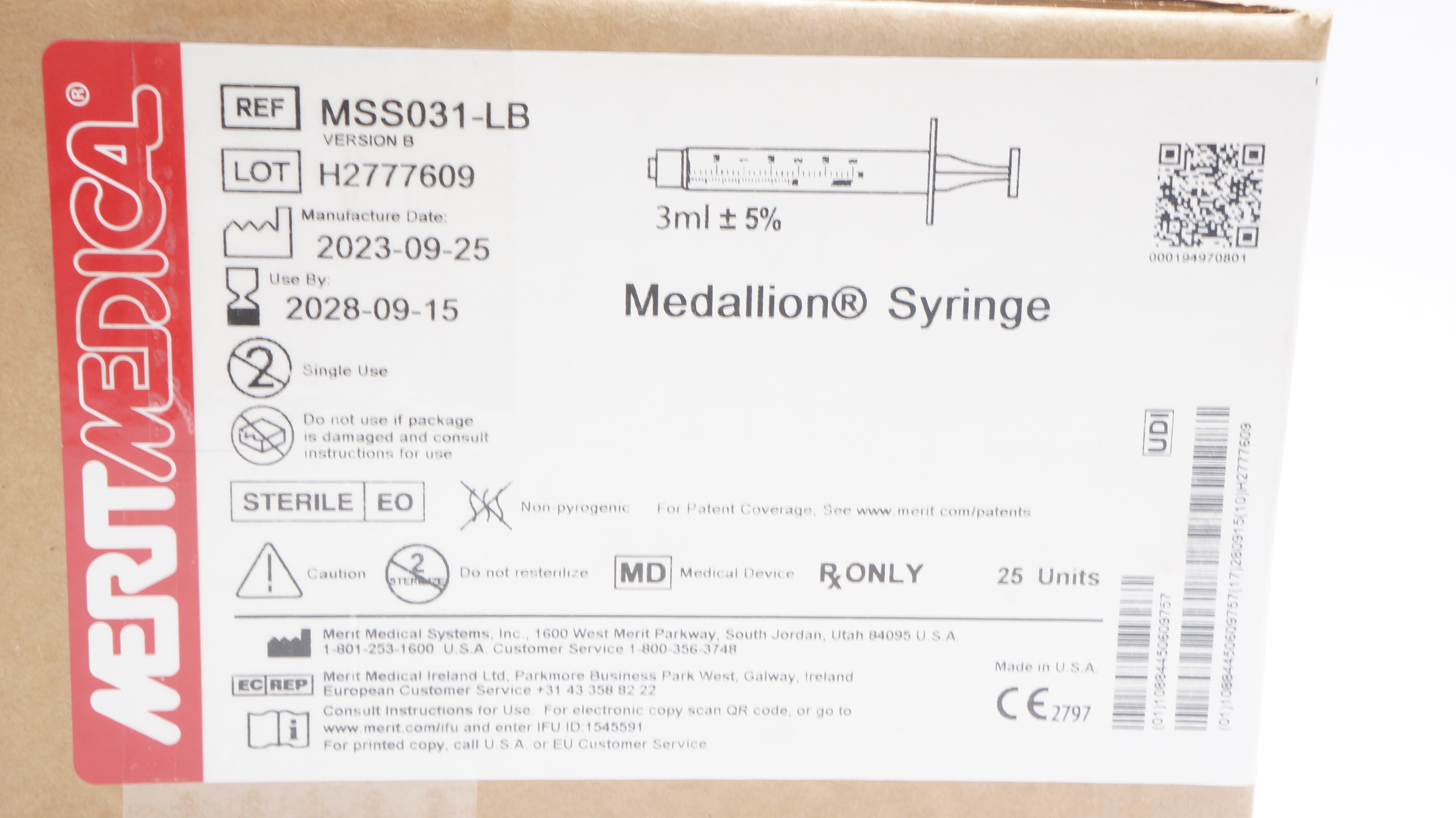 Merit Medical MSS031-LB Medallion Syringe 3ml ±5% - Box of 25