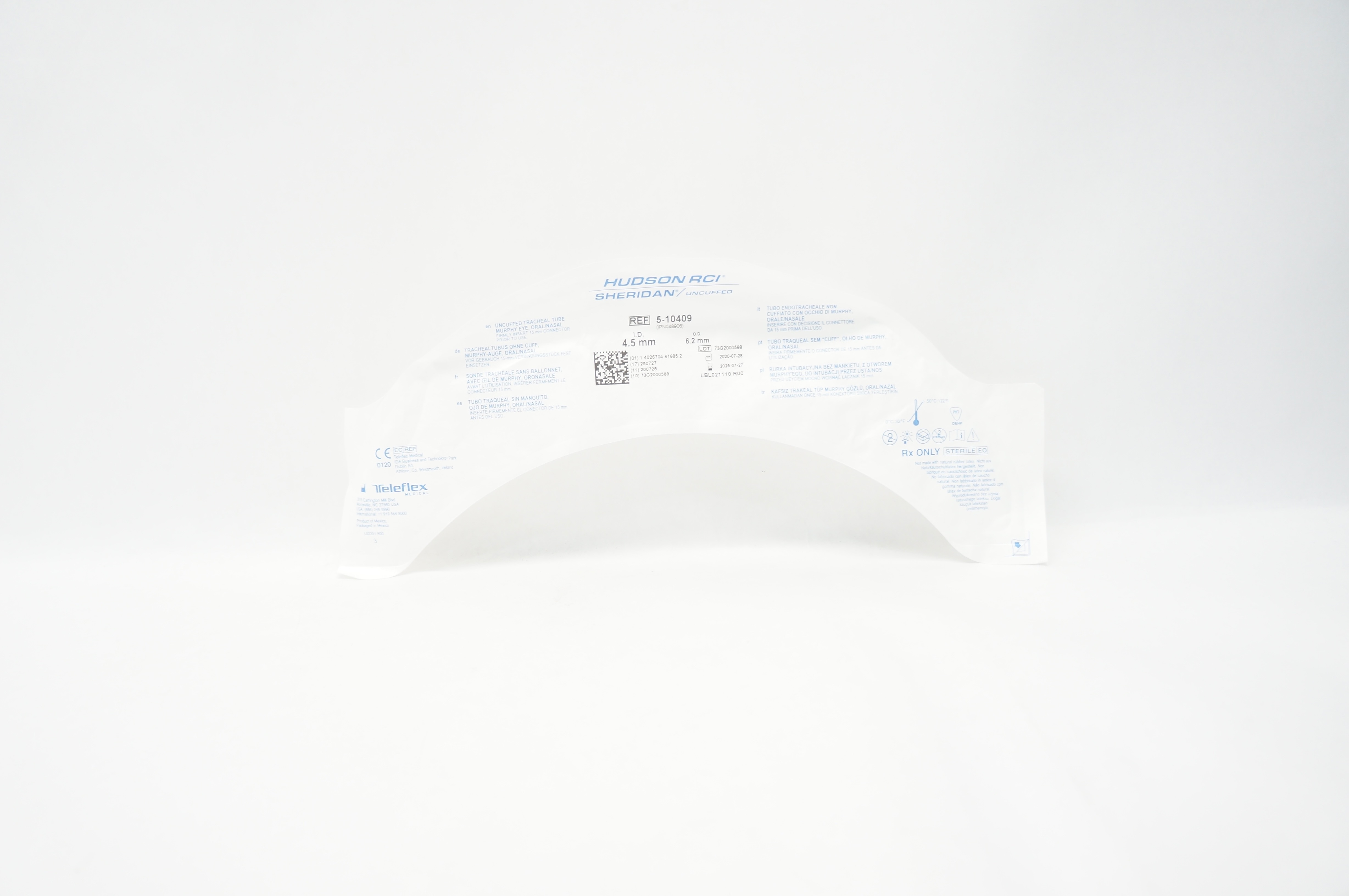 Teleflex 5-10409 Hudson RCI Sheridan Uncuffed Tracheal Tube 4.5mm ID x 6.2mm OD