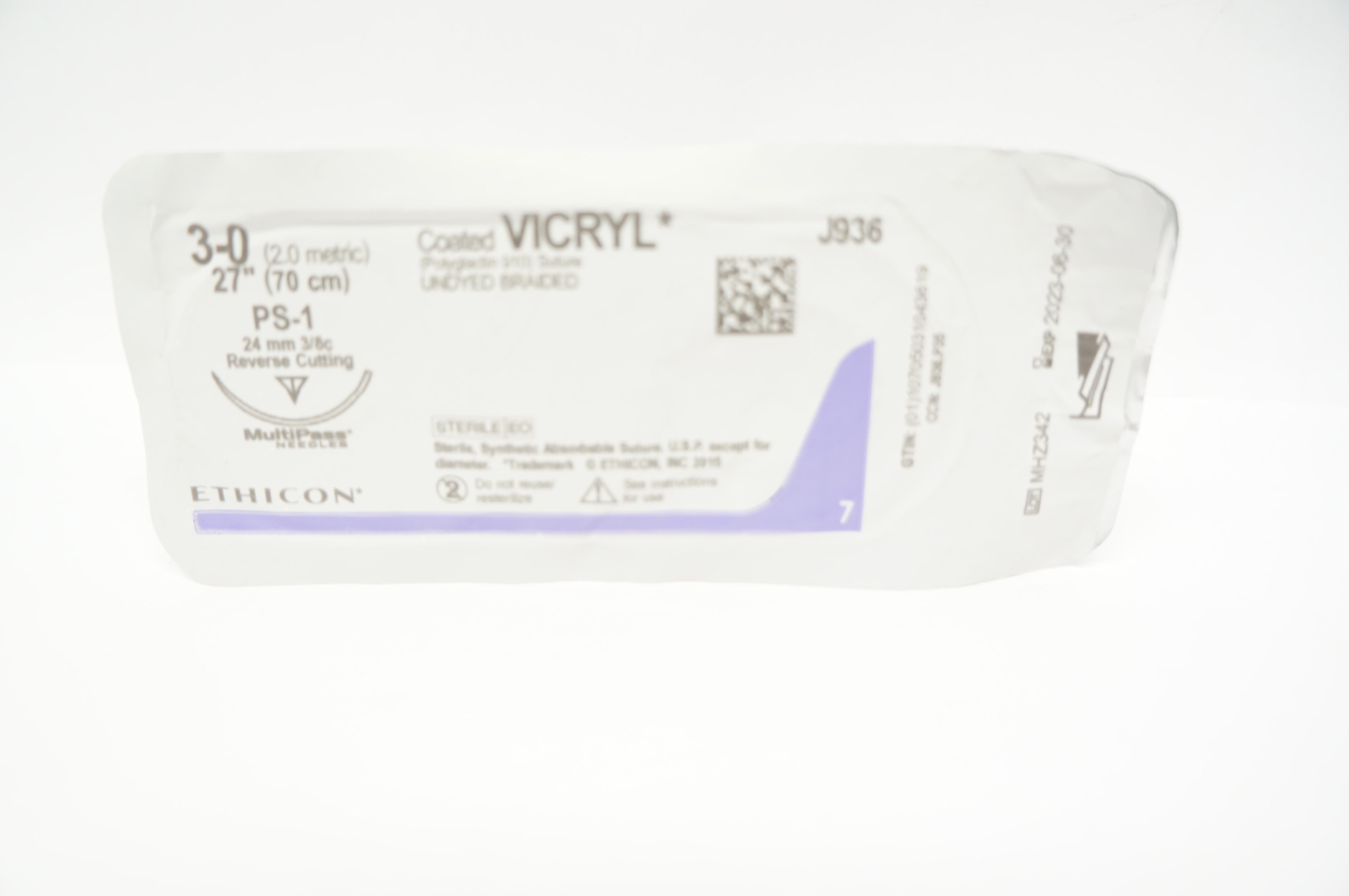 Ethicon J936 3-0 VICRYL, PS-1, 24mm 3/8c, Reverse Cutting, 27inch