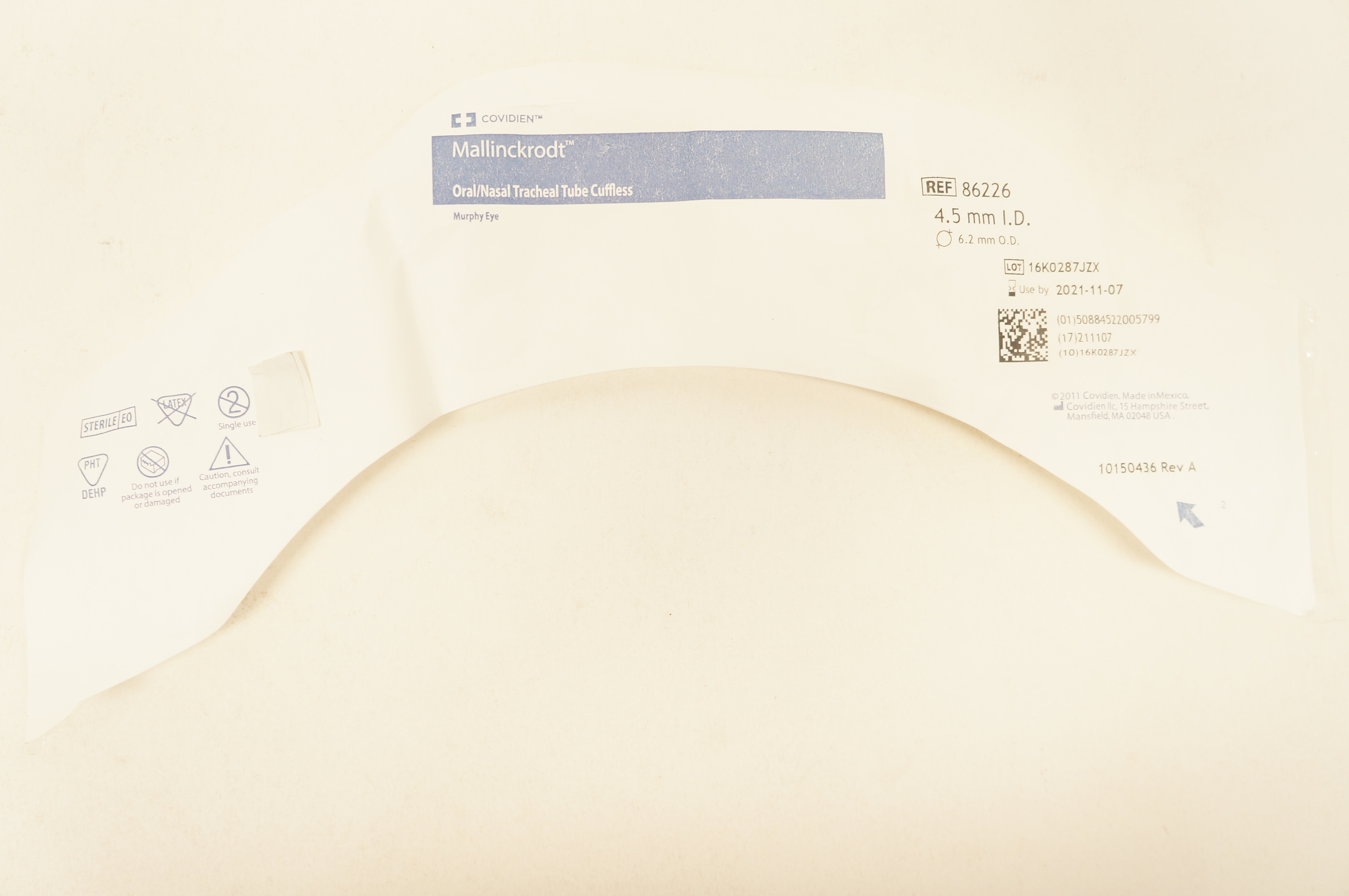 Covidien 86226 Mallinckrodt Oral/Nasal Tracheal Tube Cuffless 4.5mm x 6.2mm (x)