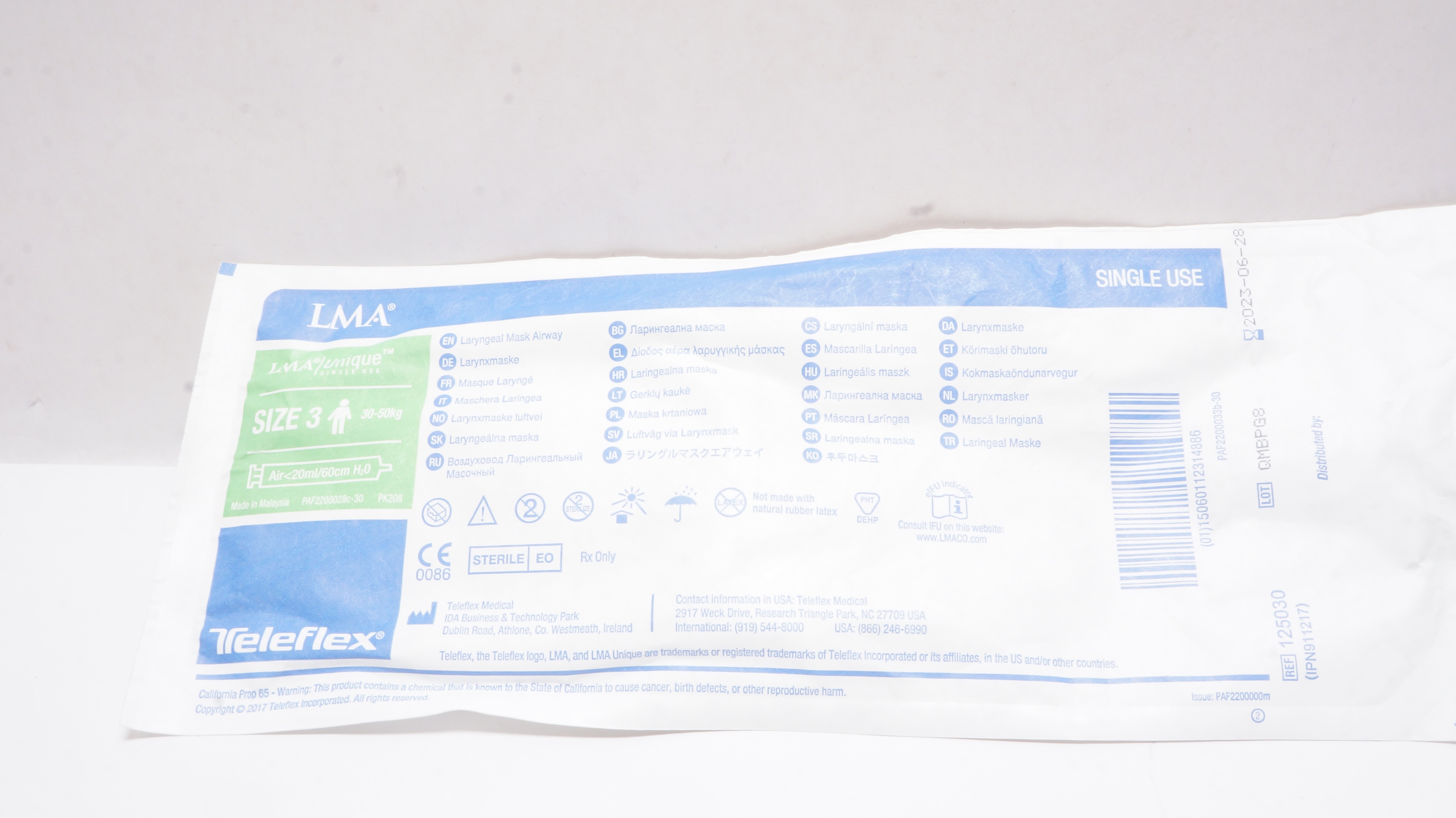 Teleflex 125030 LMA Unique Laryngeal Mask Airway Size 3, 30-50kg (x)