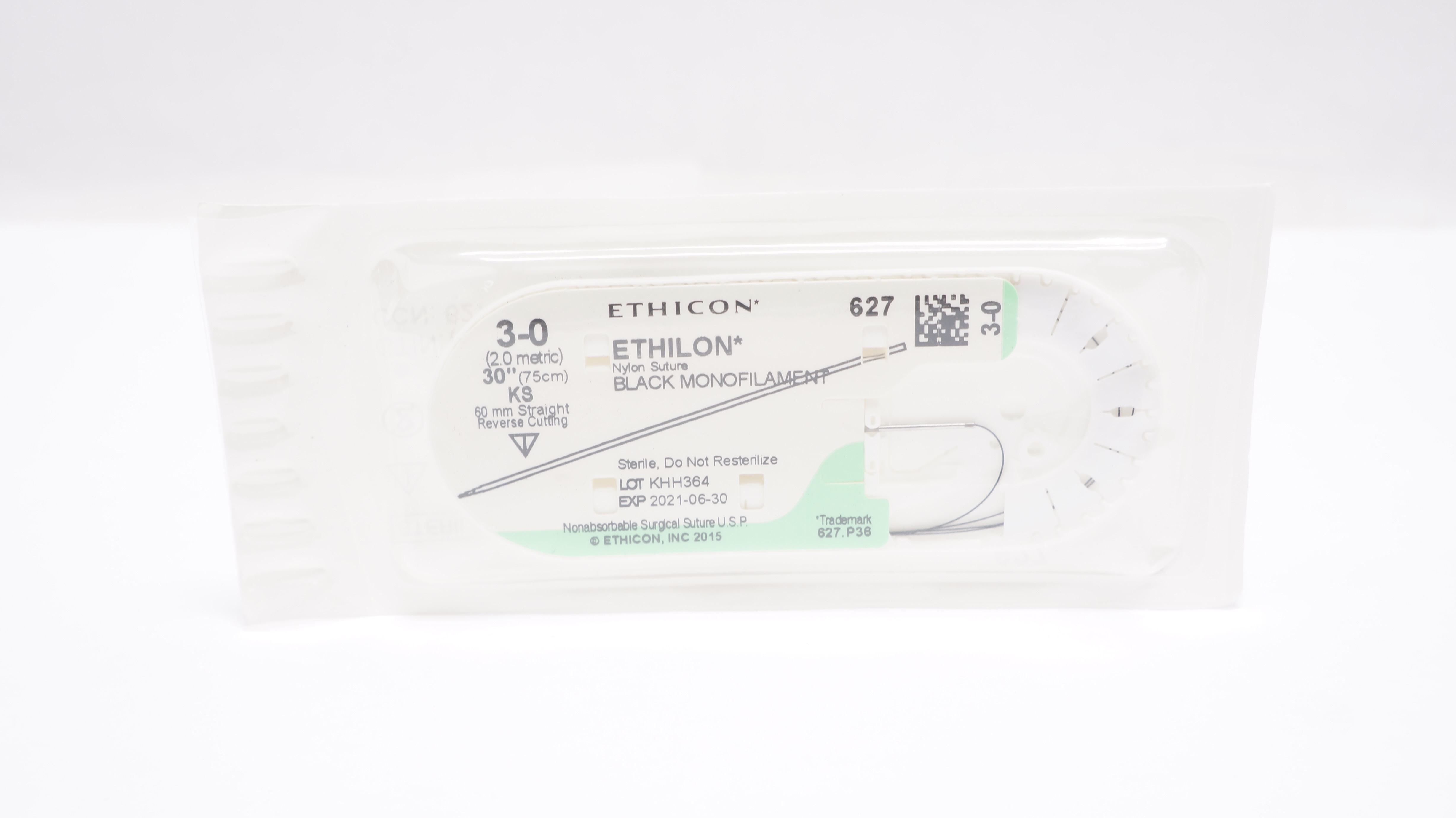 Ethicon 627 3-0 Ethilon Nylon, KS, 60mm Straight Reverse Cutting, 30inch (x)