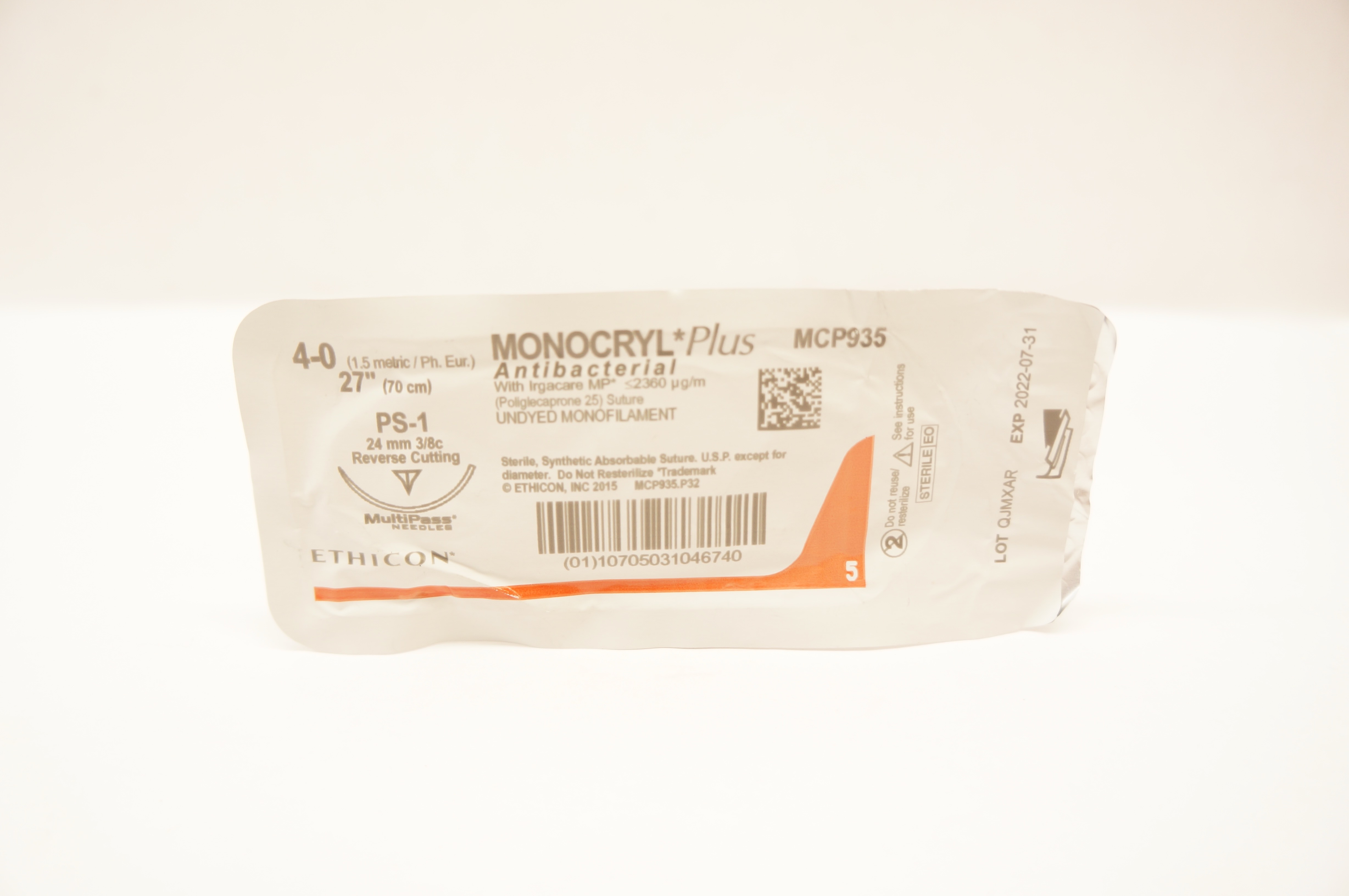 Ethicon MCP935 4-0 MONOCRYL Plus Stre PS-1 24mm 3/8c Reverse Cutting, 27inch (x)