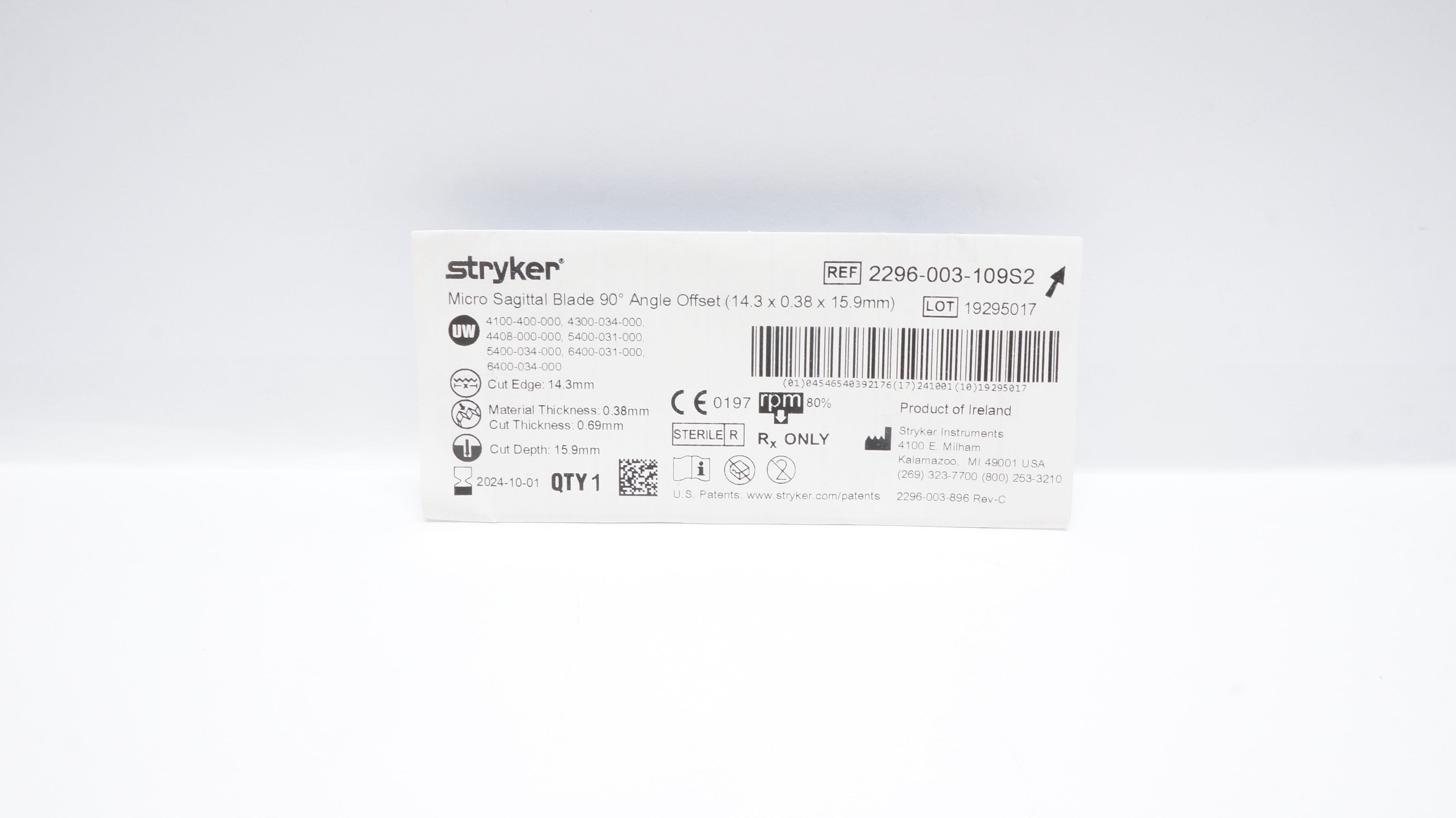 Stryker 2296-003-109S2 Micro Sagittal Blade 90° Angle Offset, Cut Edge 14.3mm(x)