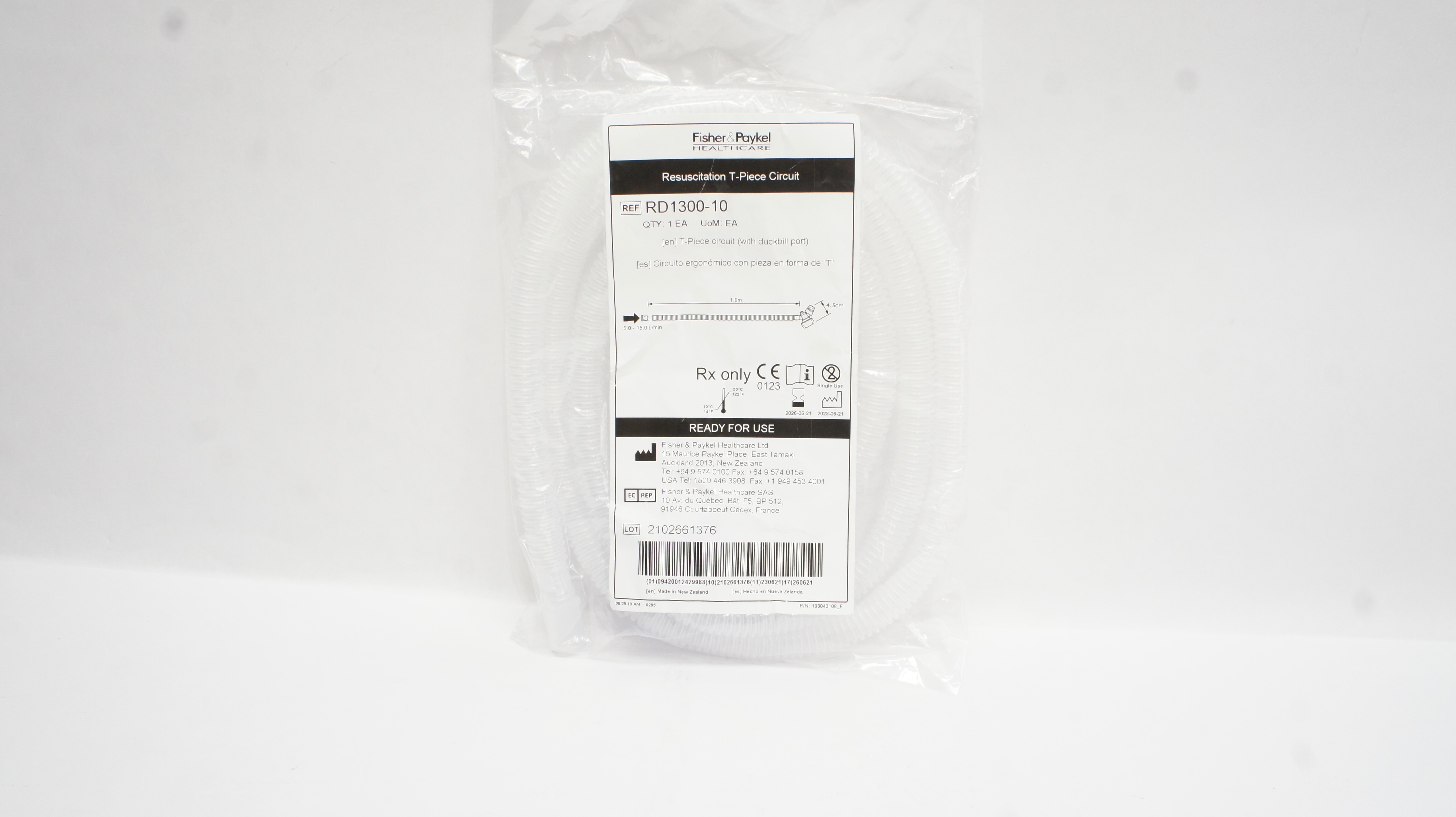 Fisher&Paykel RD1300-10 Resuscitation T-Piece Circuit 1.6m x 4.5cm 5.0-15.0L/min