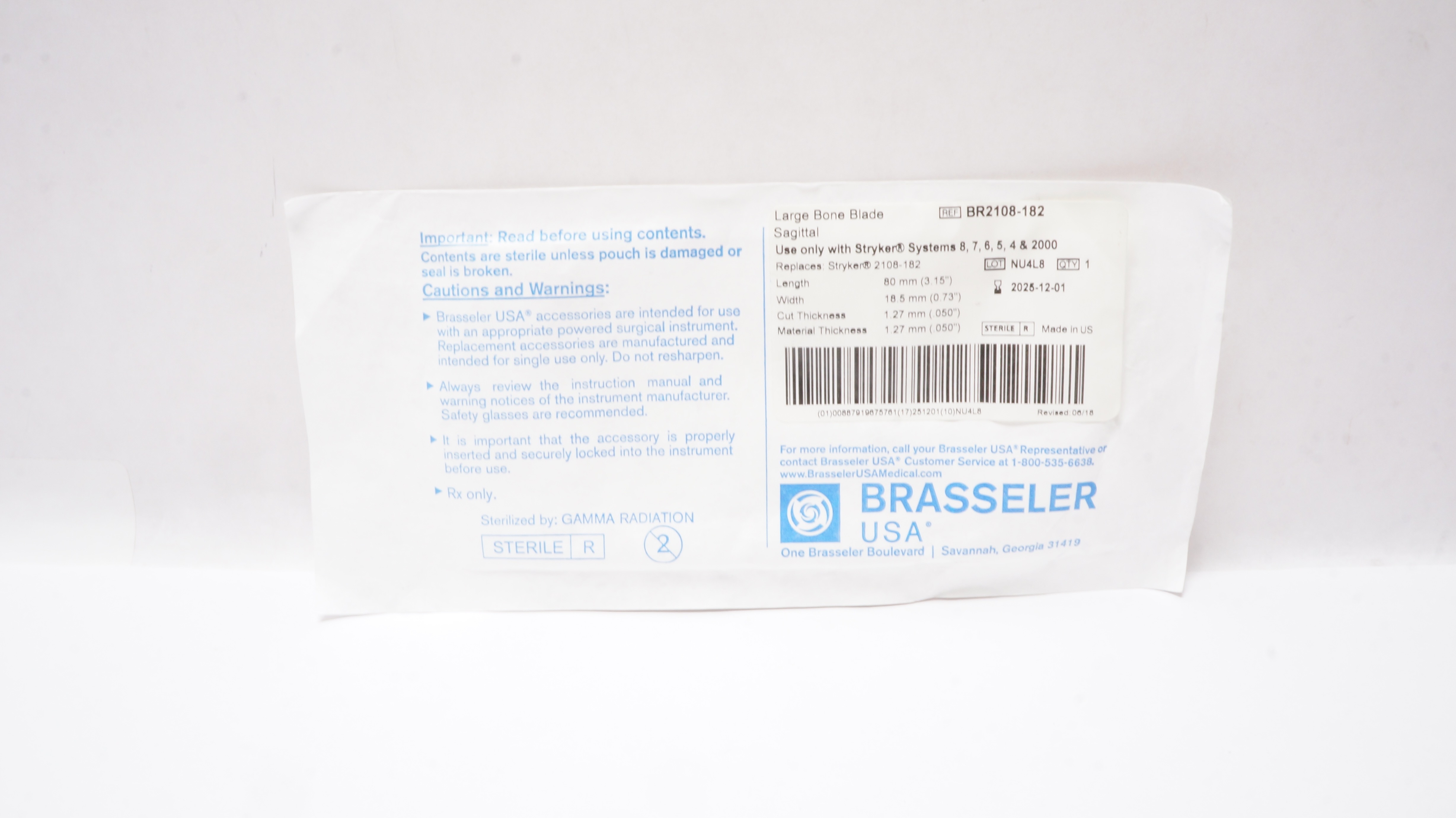 Brasseler BR2108-182 Large Bone Blade Sagittal 0.73inch x 3.15inch
