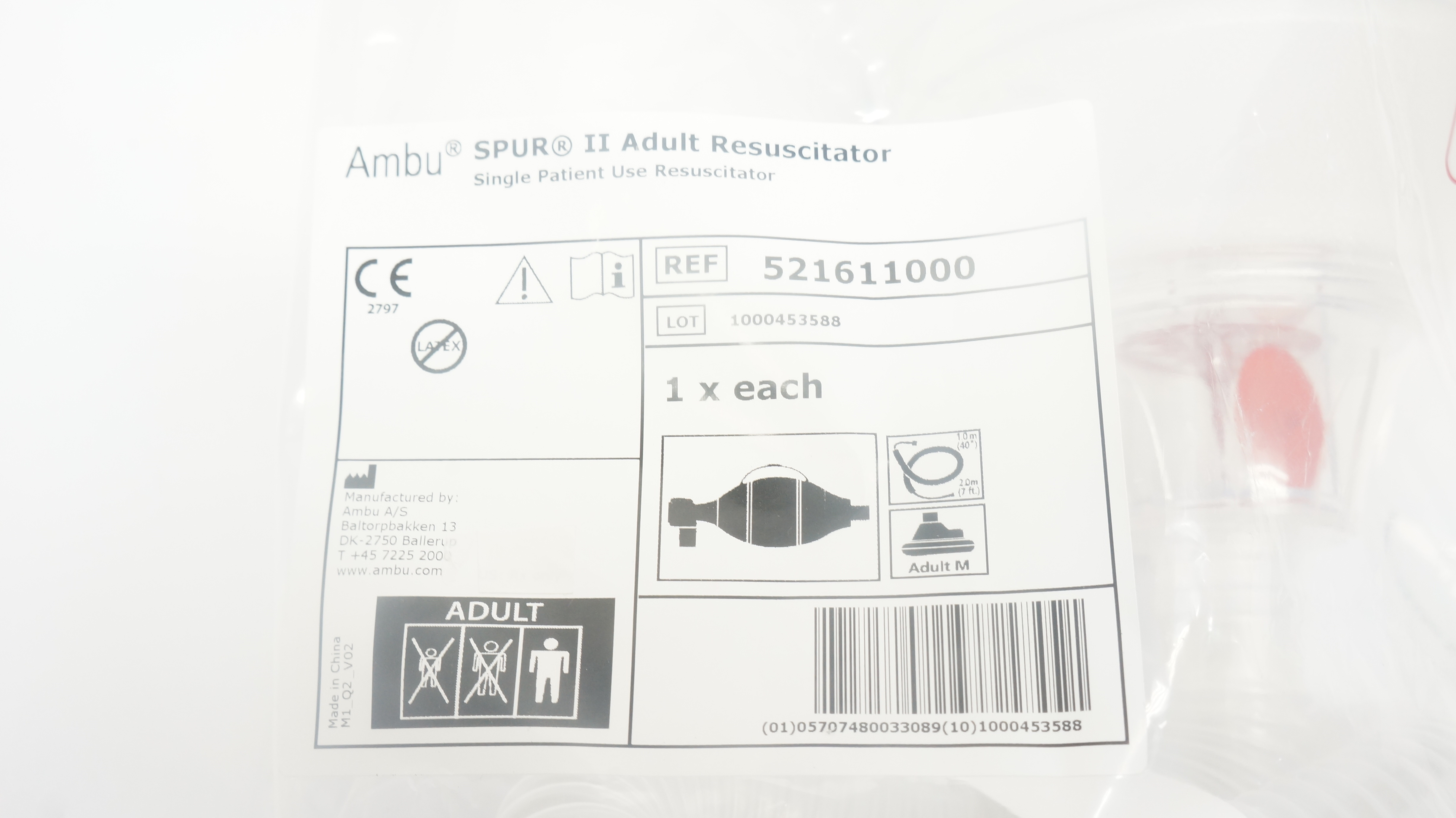 AMBU 521611000 SPUR II Adult Resuscitator, M 40inch x 7ft