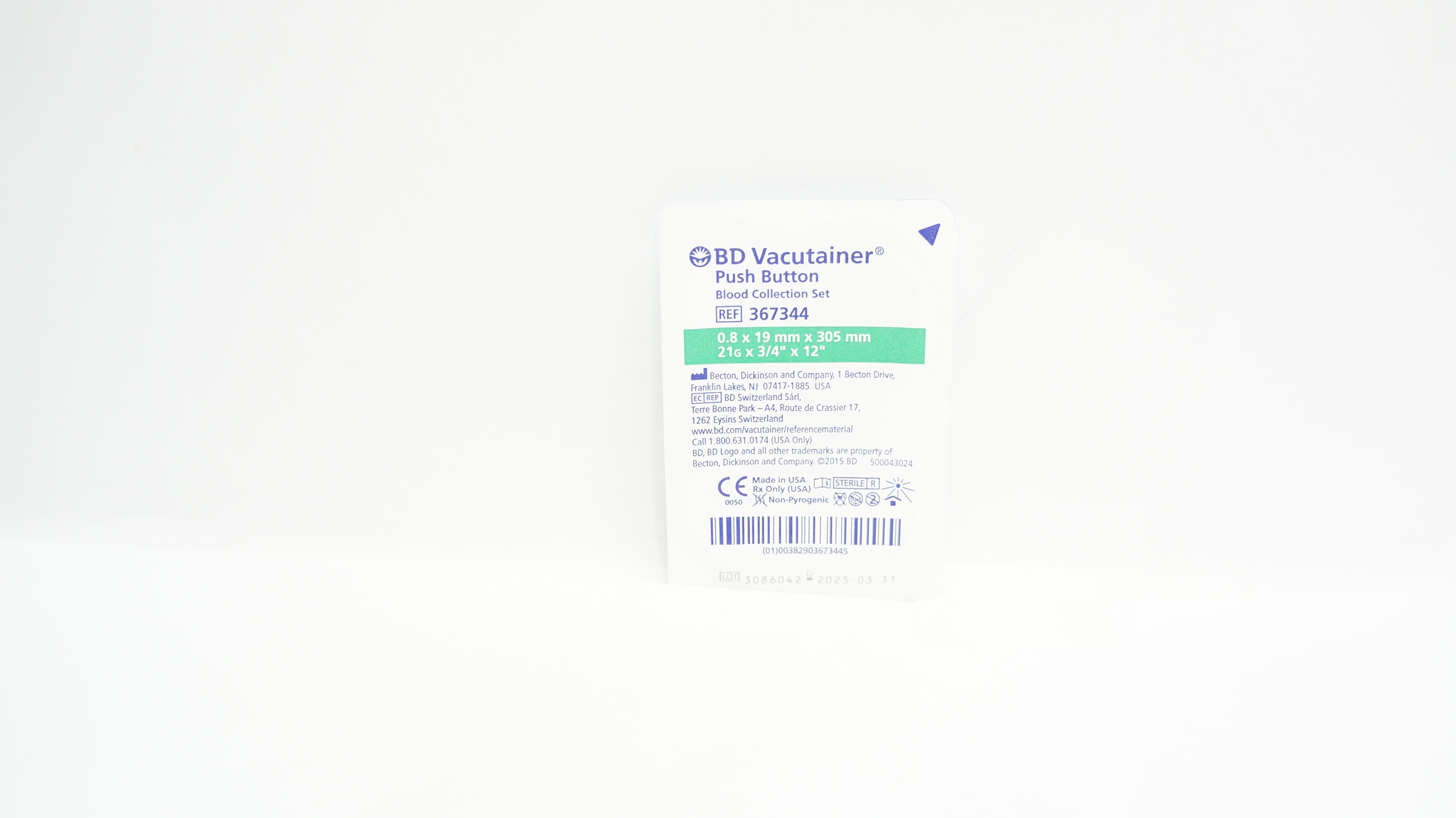 BD 367344 Vacutainer Push Button Blood Collection Set 21G x 3/4inch x 12inch