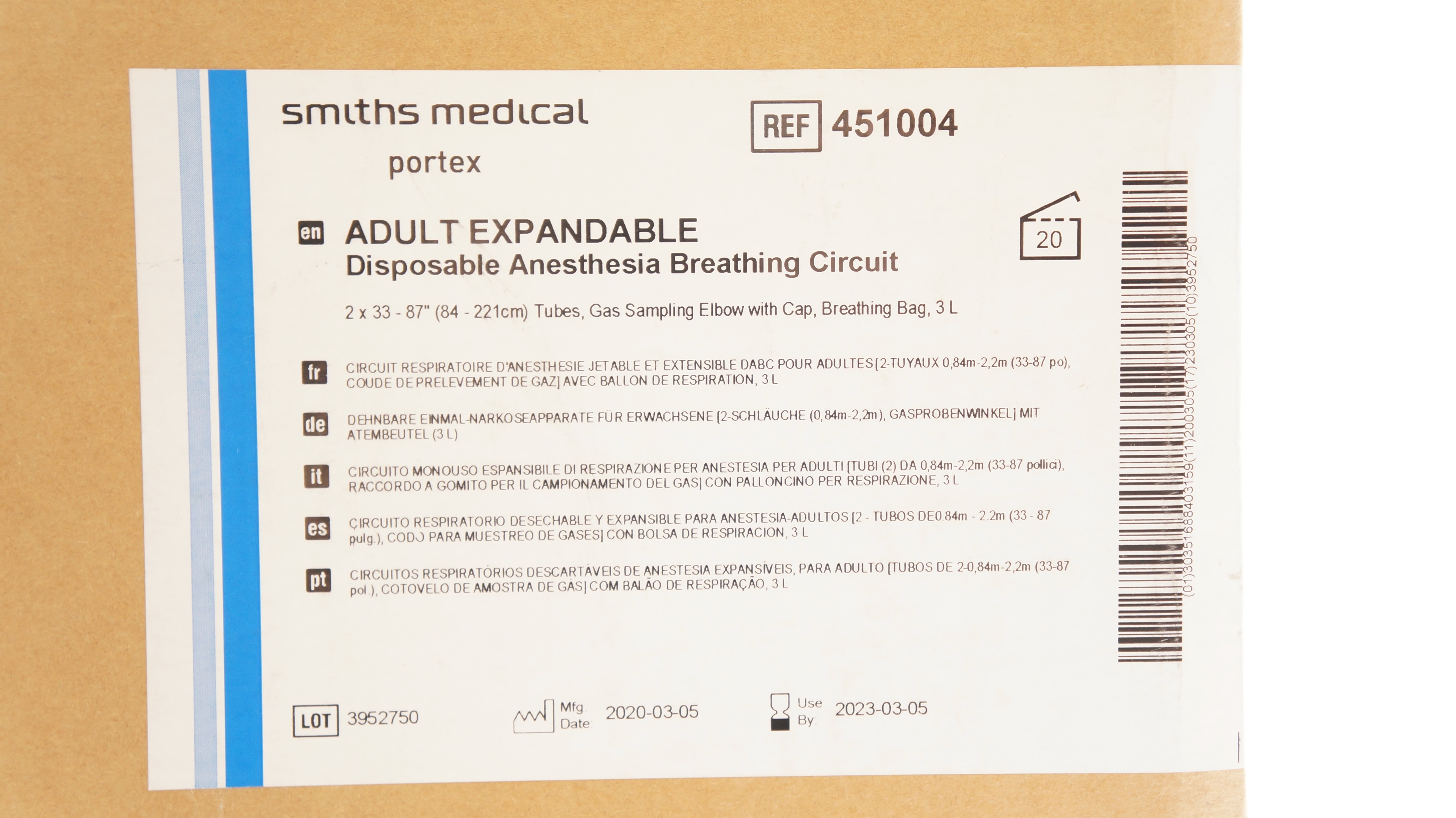 Smiths Medical 451004 Anesthesia Breathing Circuit 2-33-87inch (x) - Box of 20