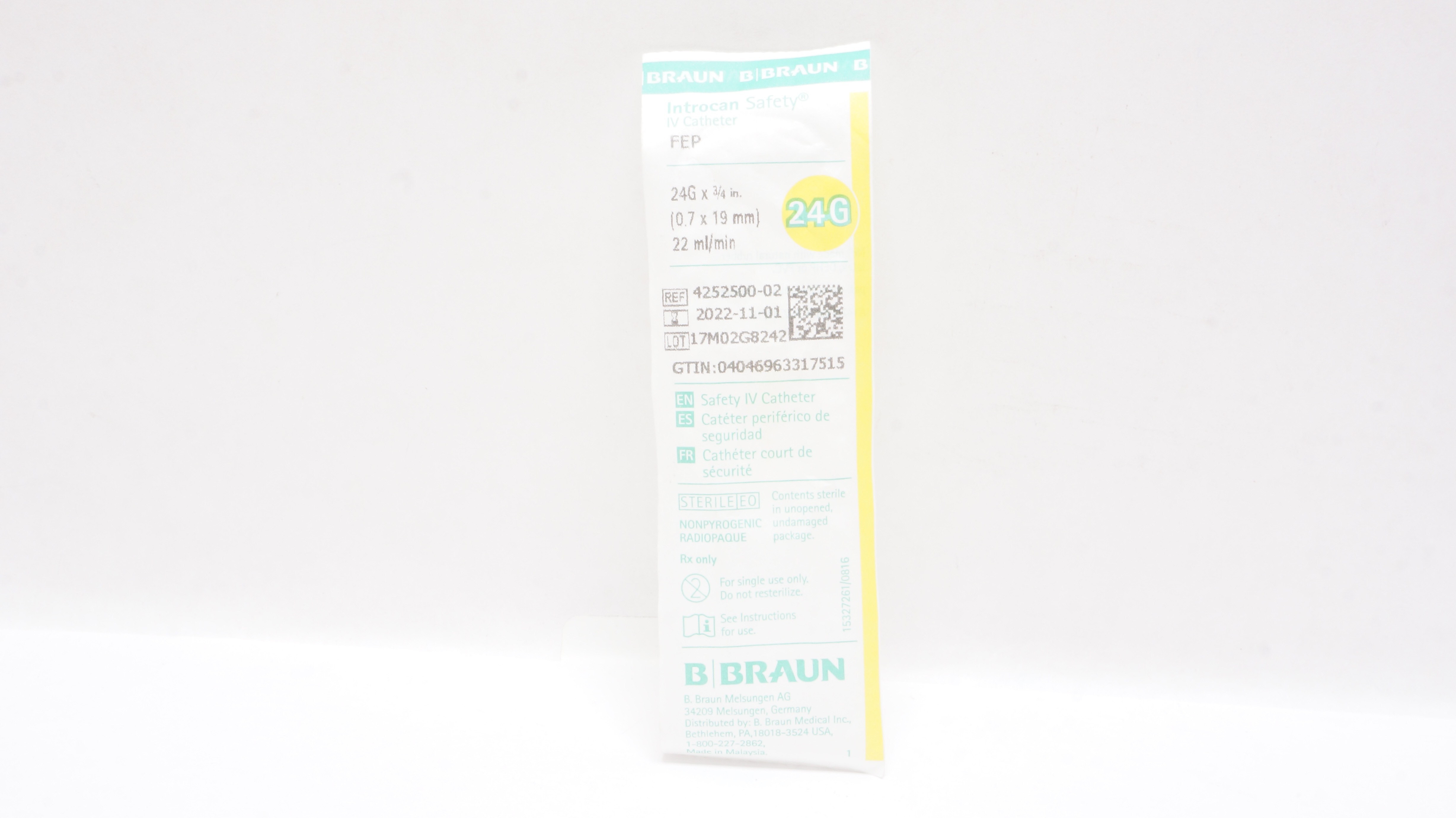 Braun 4252500-02 Introcan Safety IV Cath. 24G x 3/4 inch x 22 mL/min (x)