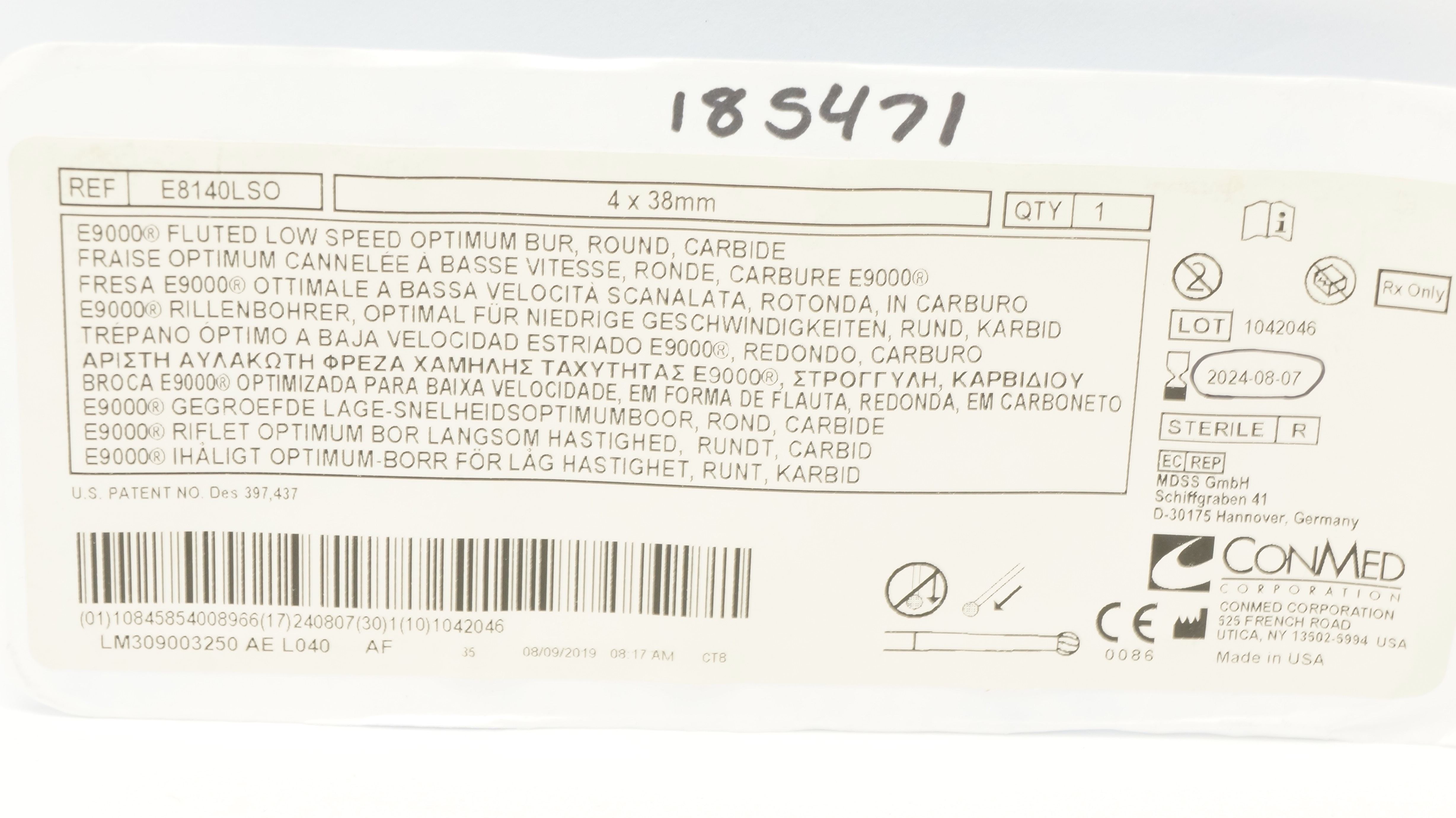 ConMed E8140LSO Fluted Loww Speed Optimum Bur, Round Carbide 4 x 38mm (x)