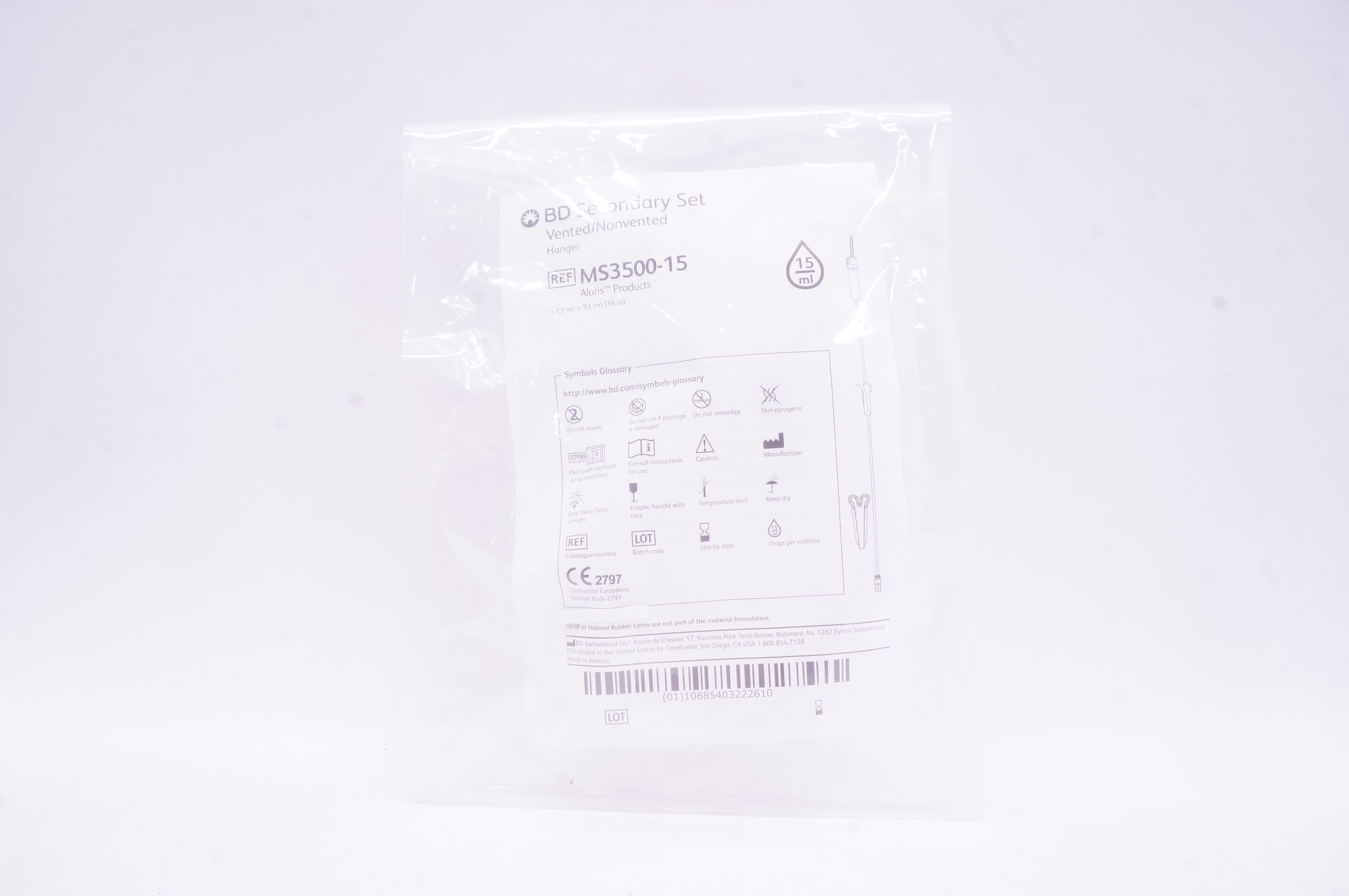 BD MS3500-15 Alaris Secondary Set Vented/Nonvented Hanger 13ml x 36inch