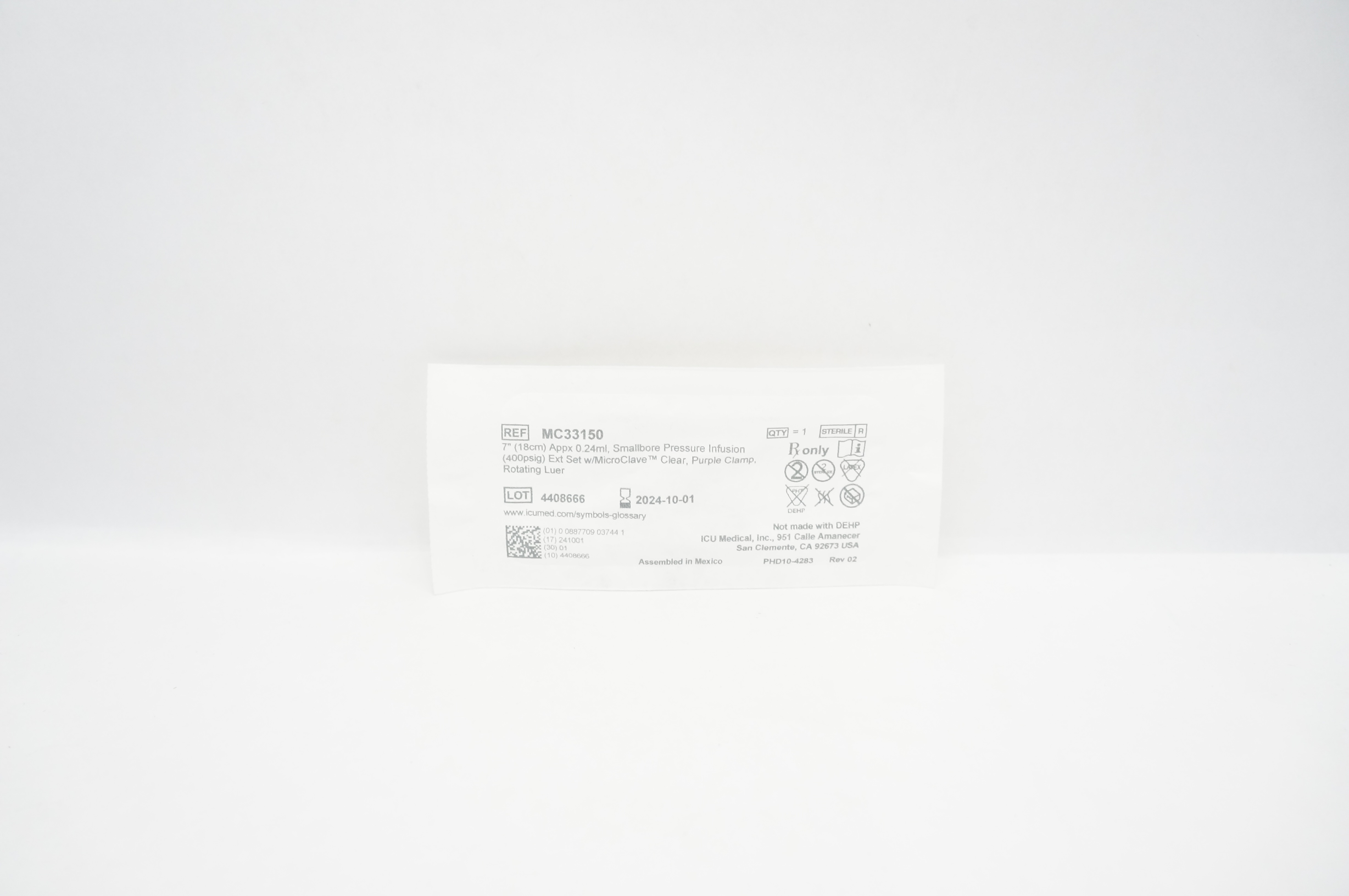 ICU Medical MC33150 Smallbore Pressure Infusion Extension Set 7 inch x 0.24mL