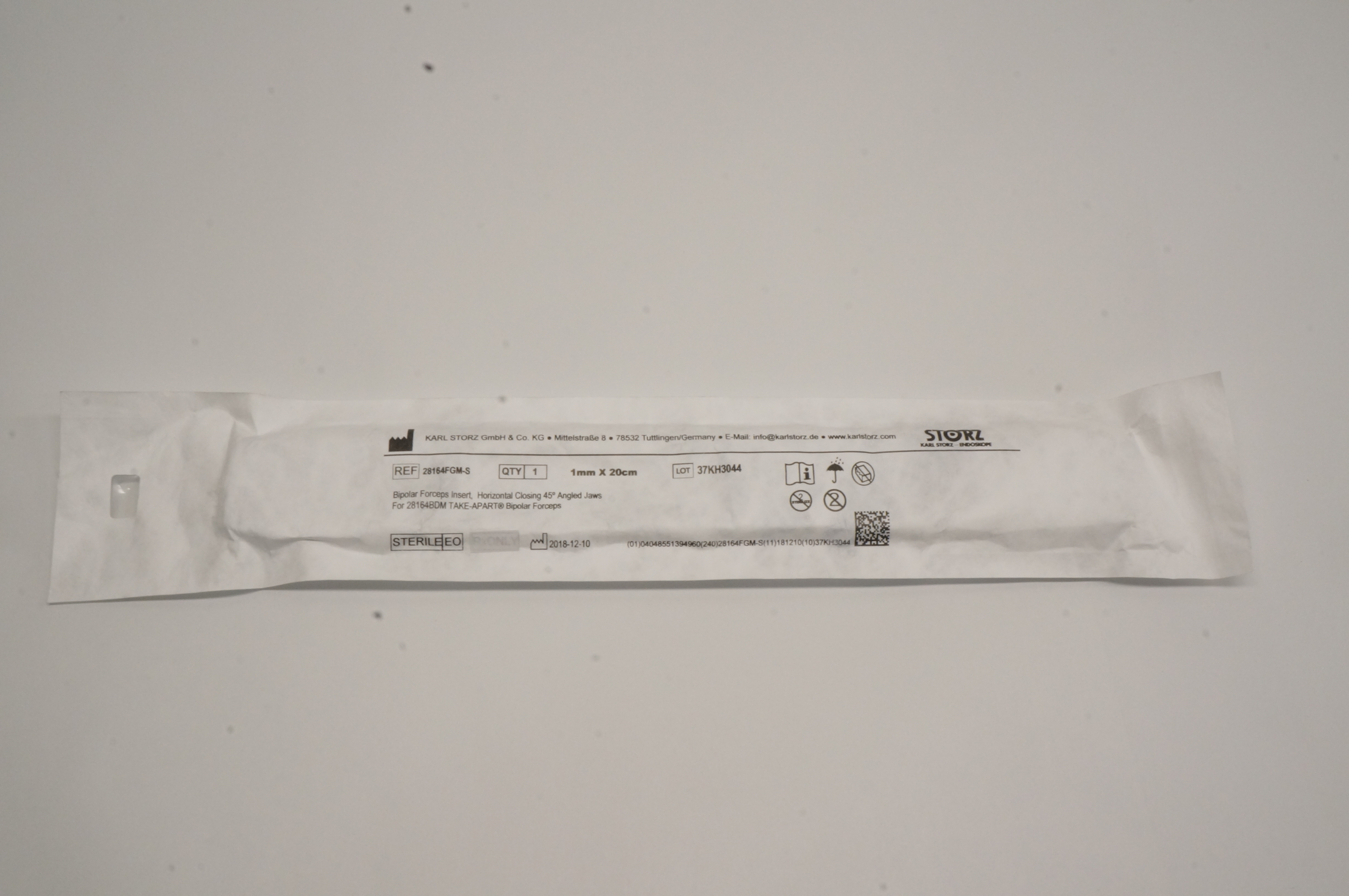 Karl Storz 28164FGM-S Bipolar Forceps Insert, Horizontal Closing 45deg. 1mmx20cm
