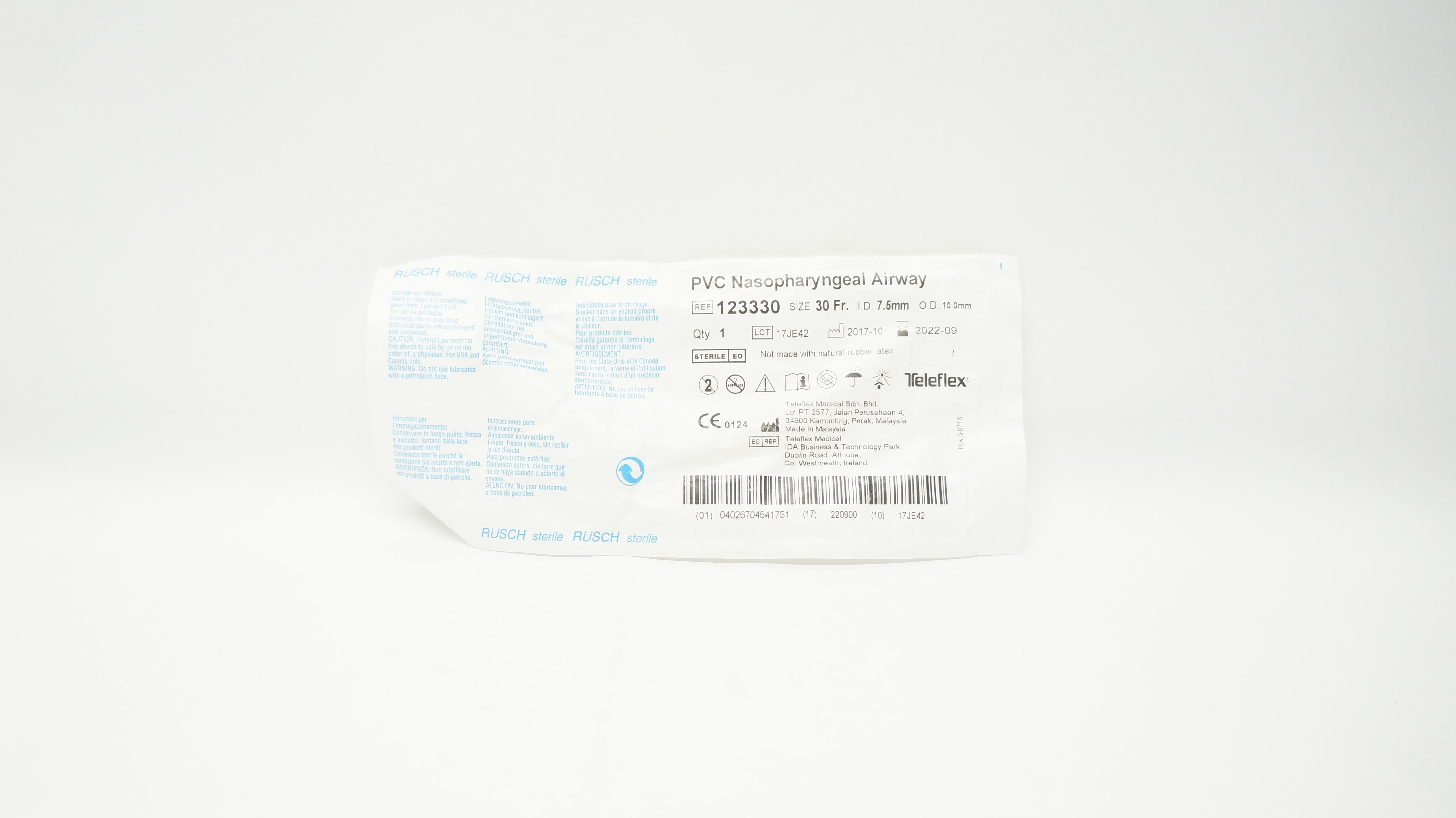 Teleflex 123330 Rusch PVC Nasopharyngeal Airway 30 Fr x 7.5mm ID x 10.0mm OD