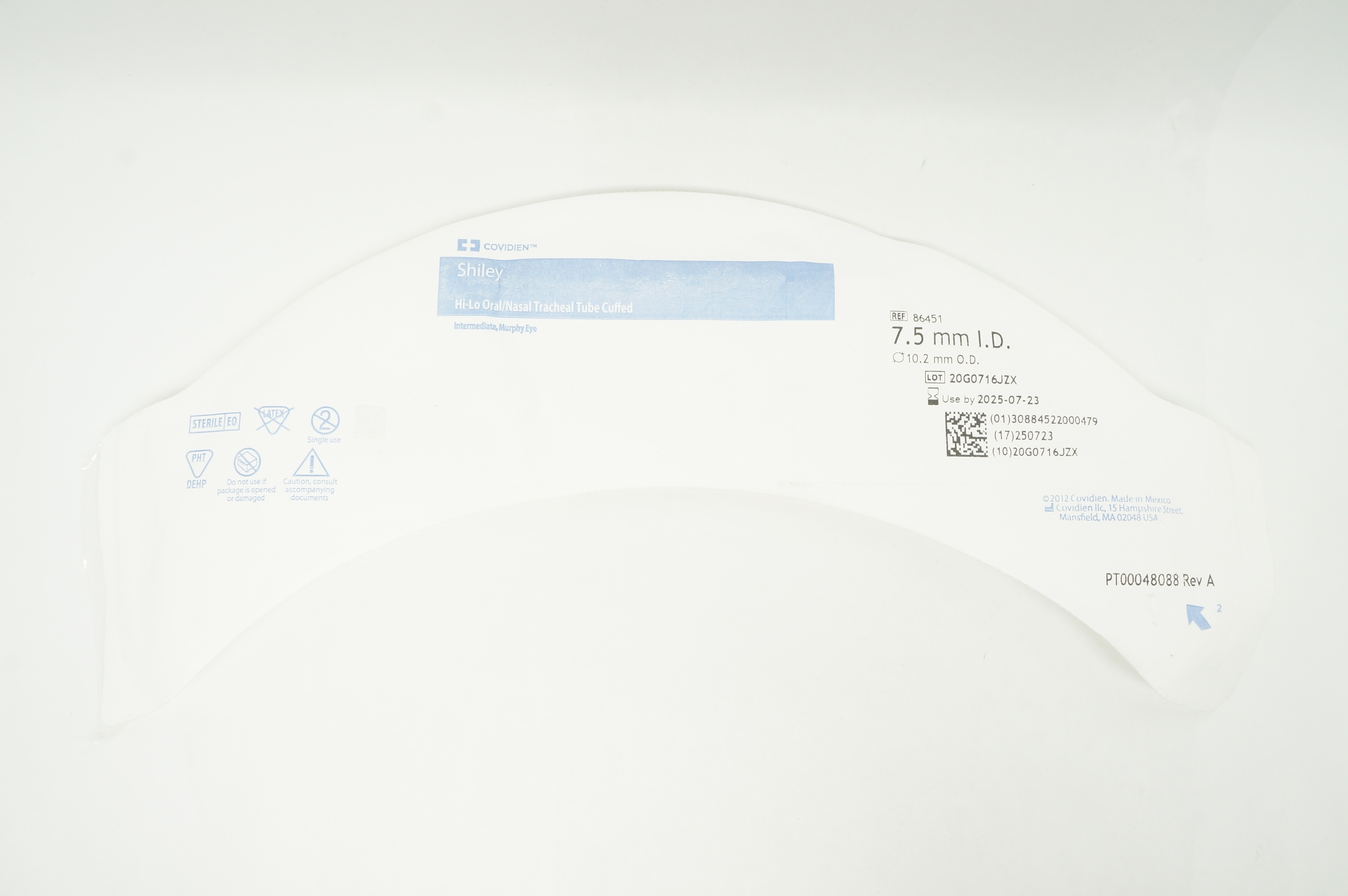 Covidien 86451 Shiley Hi-Lo Oral/Nasal Tracheal Tube Cuffed 7.5 x 10.2mm