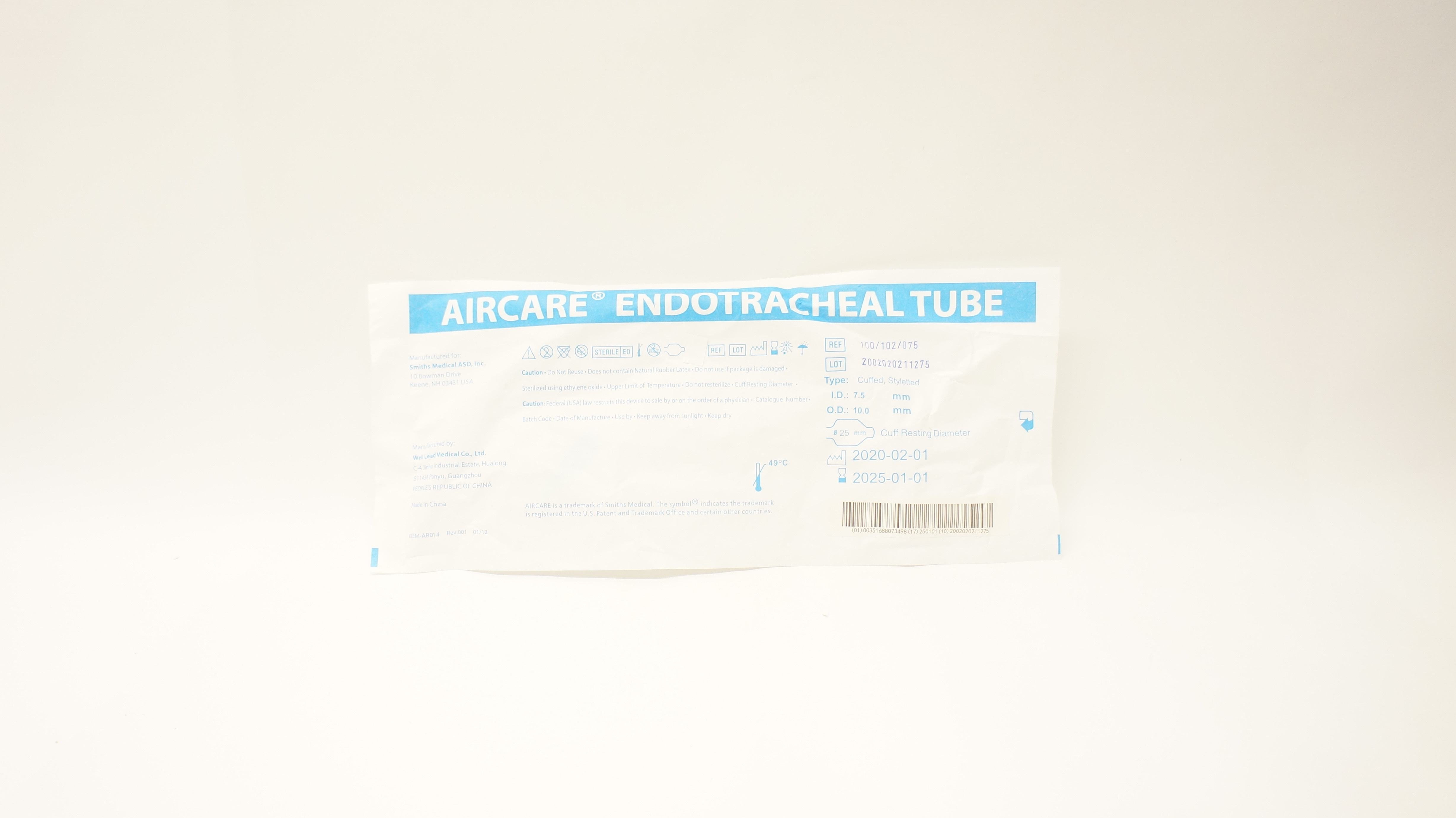 Smiths Medical 100/102/075 Aircare Endotracheal Tube 7.5mm x 10.0mm x 25mm