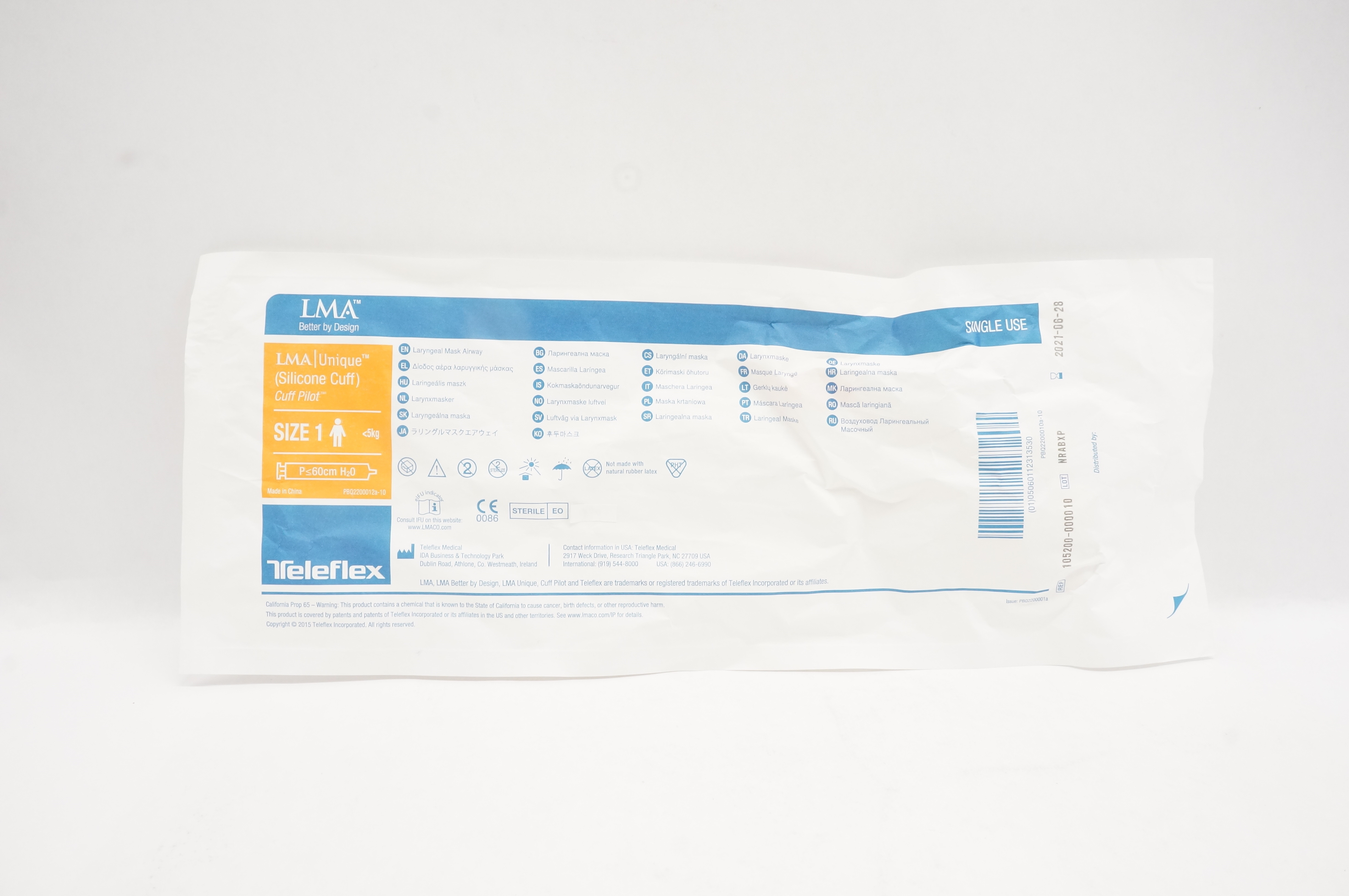 Teleflex 105200-000010 LMA Unique Cuff Pilot Laryngeal Mask Airway Size 1<5kg(x)
